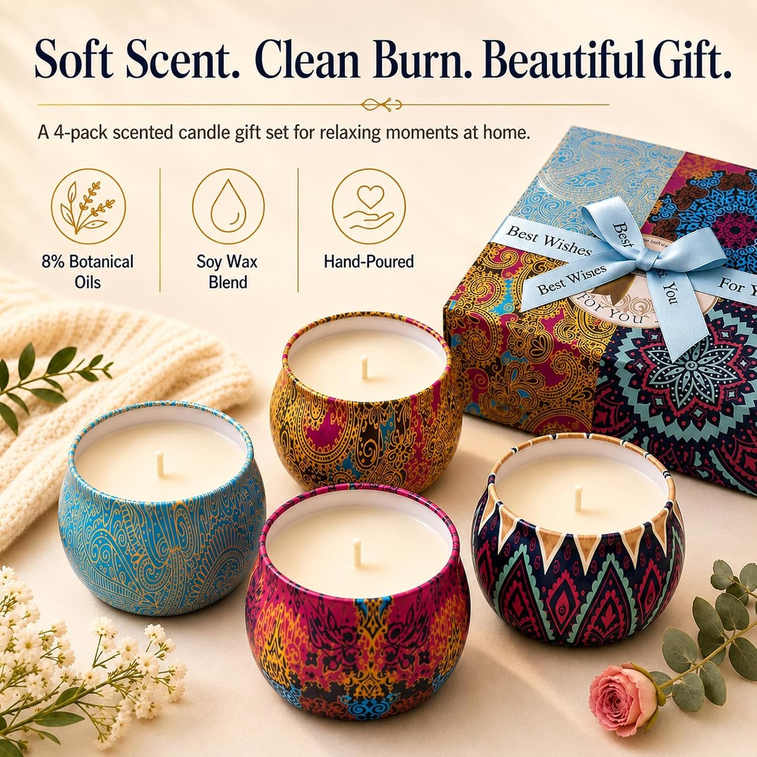 Scented Candles Gift Set for Women, 4 Pack Soy Wax Candles for Home Scented | Aromatherapy Candle Set with Classic Bohemian Tins, Stress Relief Meditation Candle, Birthday Gifts for Mom, Thank You Gifts - Image 3