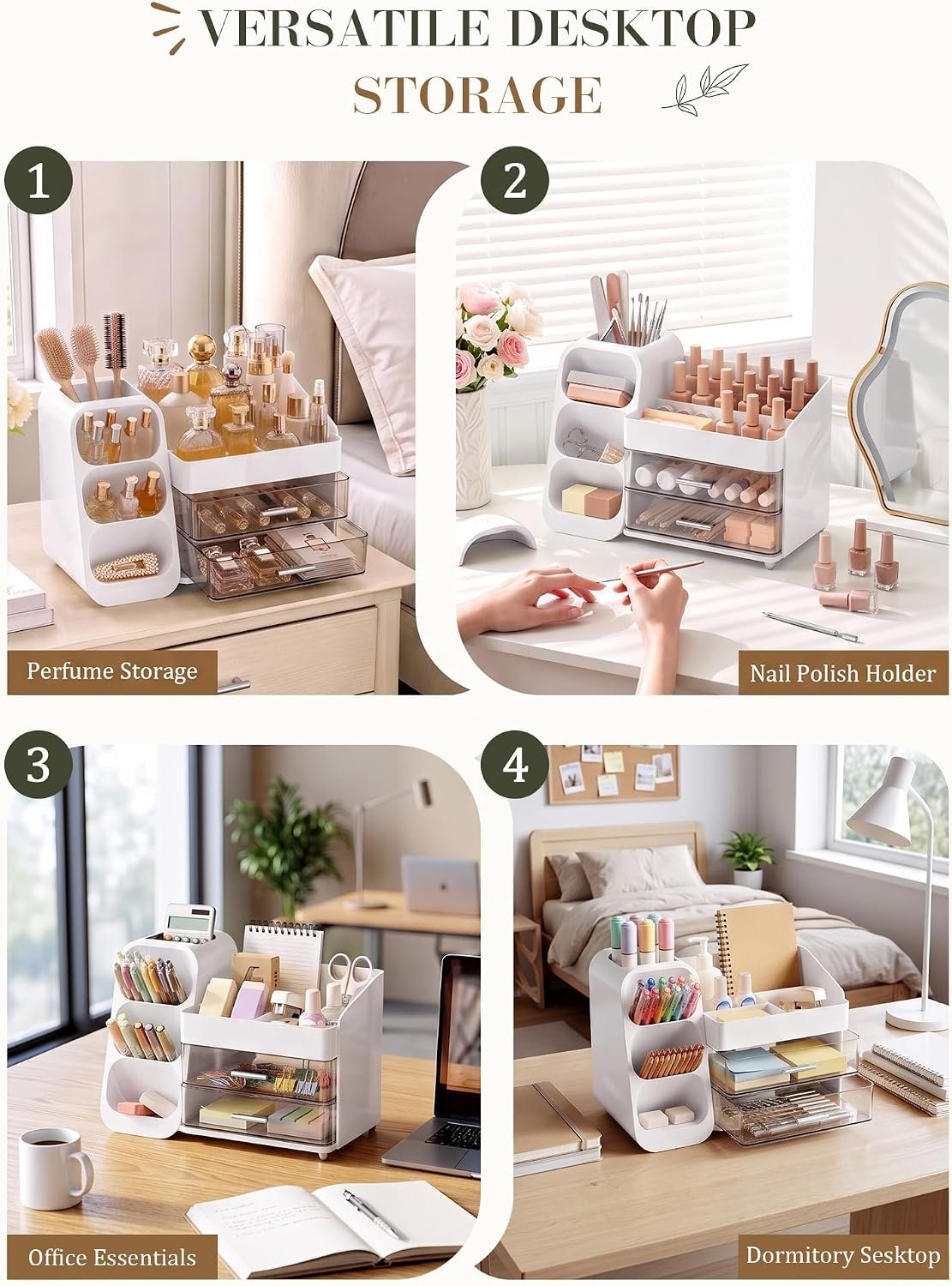 Makeup Organizer for Vanity - Large Skincare Organizers Countertop, Cosmetic Organizer with Brush Holder and 2 Drawer, Makeup Storage for Lipsticks, Nail Polishes, Eyeshadow Palettes, White - Image 6