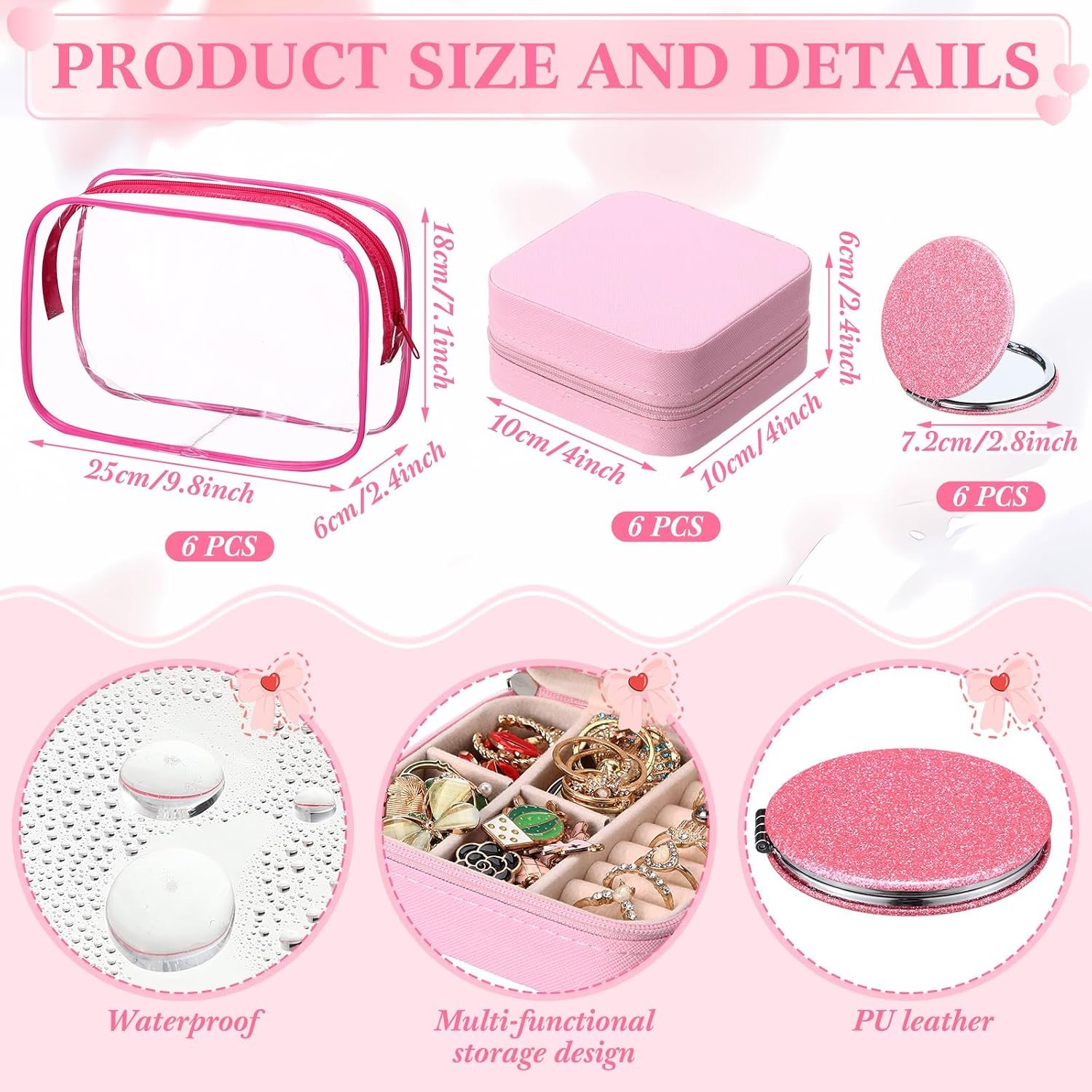 Suncalla 48 Pcs Sleepover Party Supplies Kit Bridesmaid Proposal Gifts Slumber Birthday Spa Party Favors Bow Headband Scrunchies Jewelry Case Makeup Bag Mirror for Gifts (Pink) - Image 3