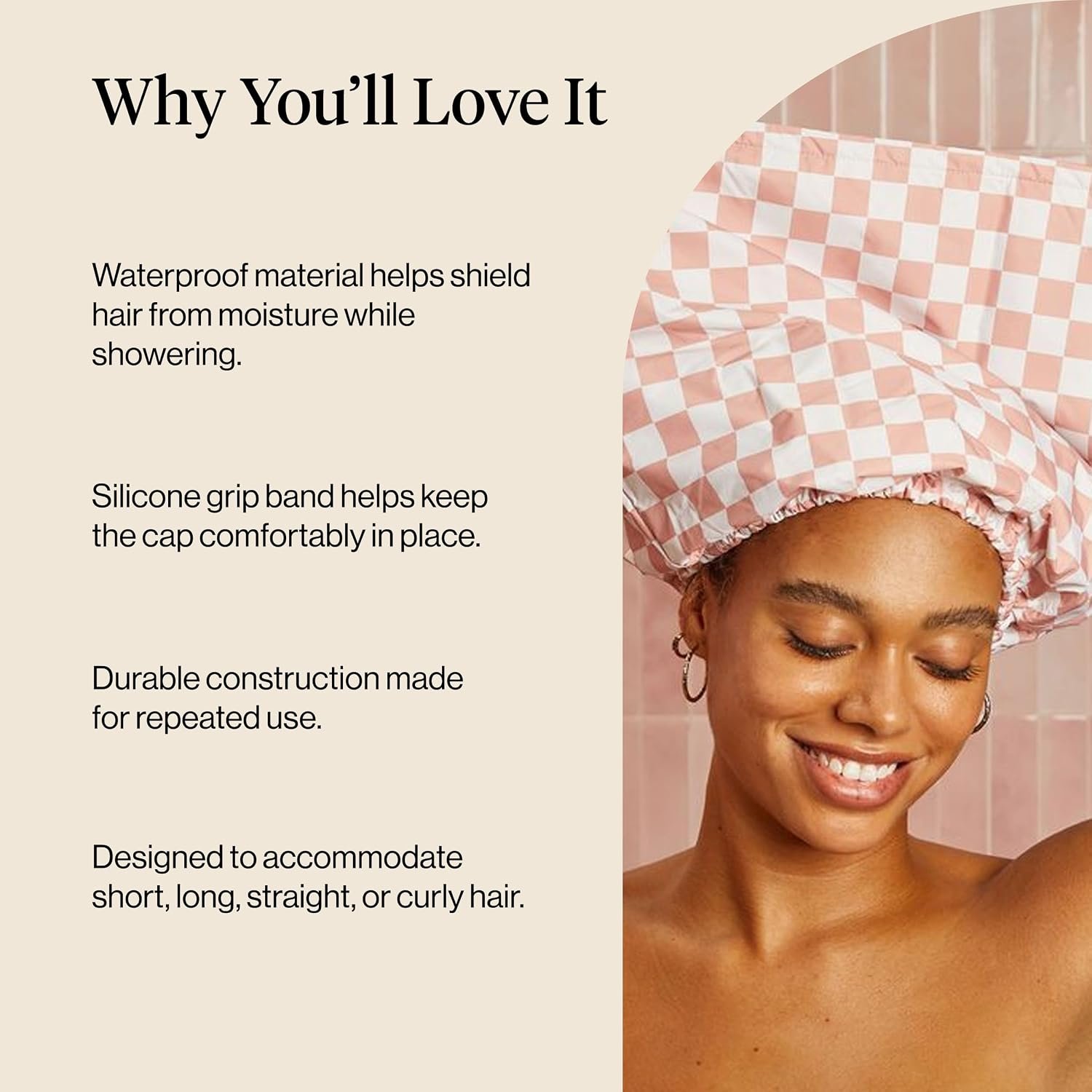 Kitsch Luxury Satin-Lined Flexi Shower Cap for Women - Terracotta Checker | Shower Caps for Women Reusable Waterproof - Non-slip, Comfortable Quick-dry Hair Shower Cap for All Hair Types - Image 5