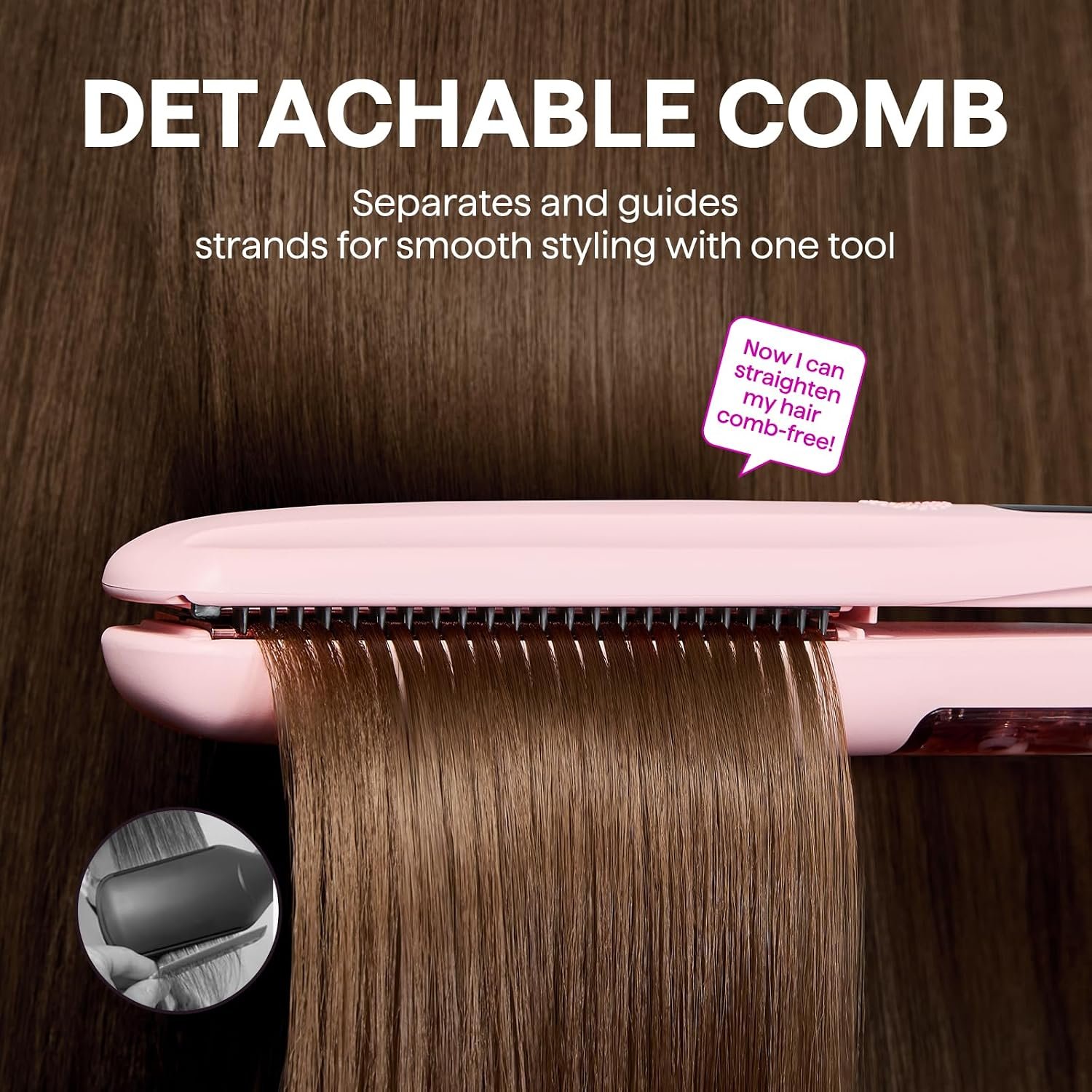 Wavytalk Steam Hair Straightener Steam Sesh for Less Heat Damage, Flat Iron | Detachable Comb, Steam Nourishes, Speeds Straightening, Fights Humidity & Frizz, Nano Titanium 1.38'' Plate, 5 Heat, Pink - Image 4