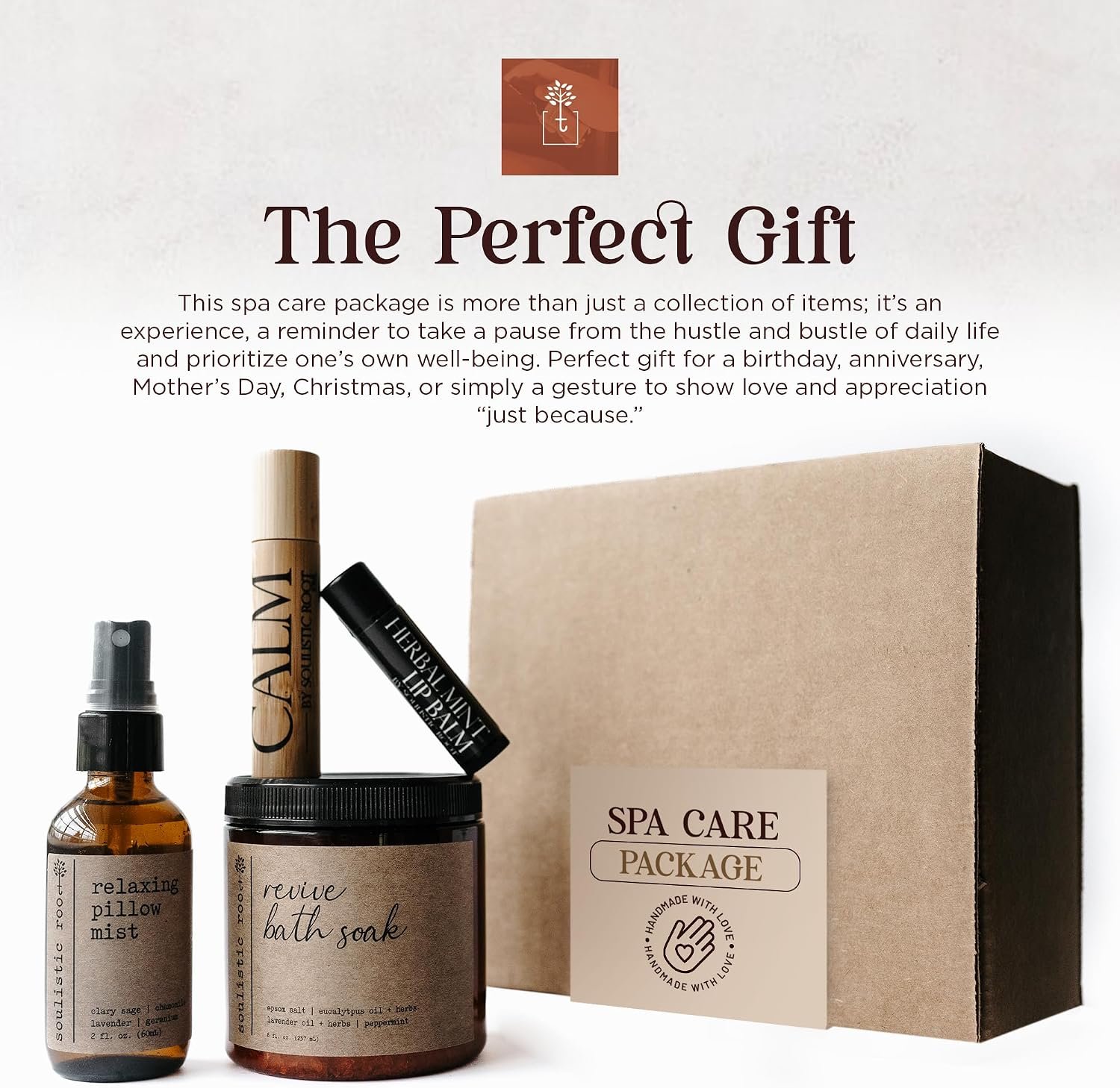 SOULISTIC ROOT Self-Care Set - Luxury Spa Bath Kit, Pillow Mist, Cooling Lip Balm, Tranquil Essential Oil Roller & Epsom Salt Bath Soak Pampering Package, Holistic Gifts for Him & Her - Image 6