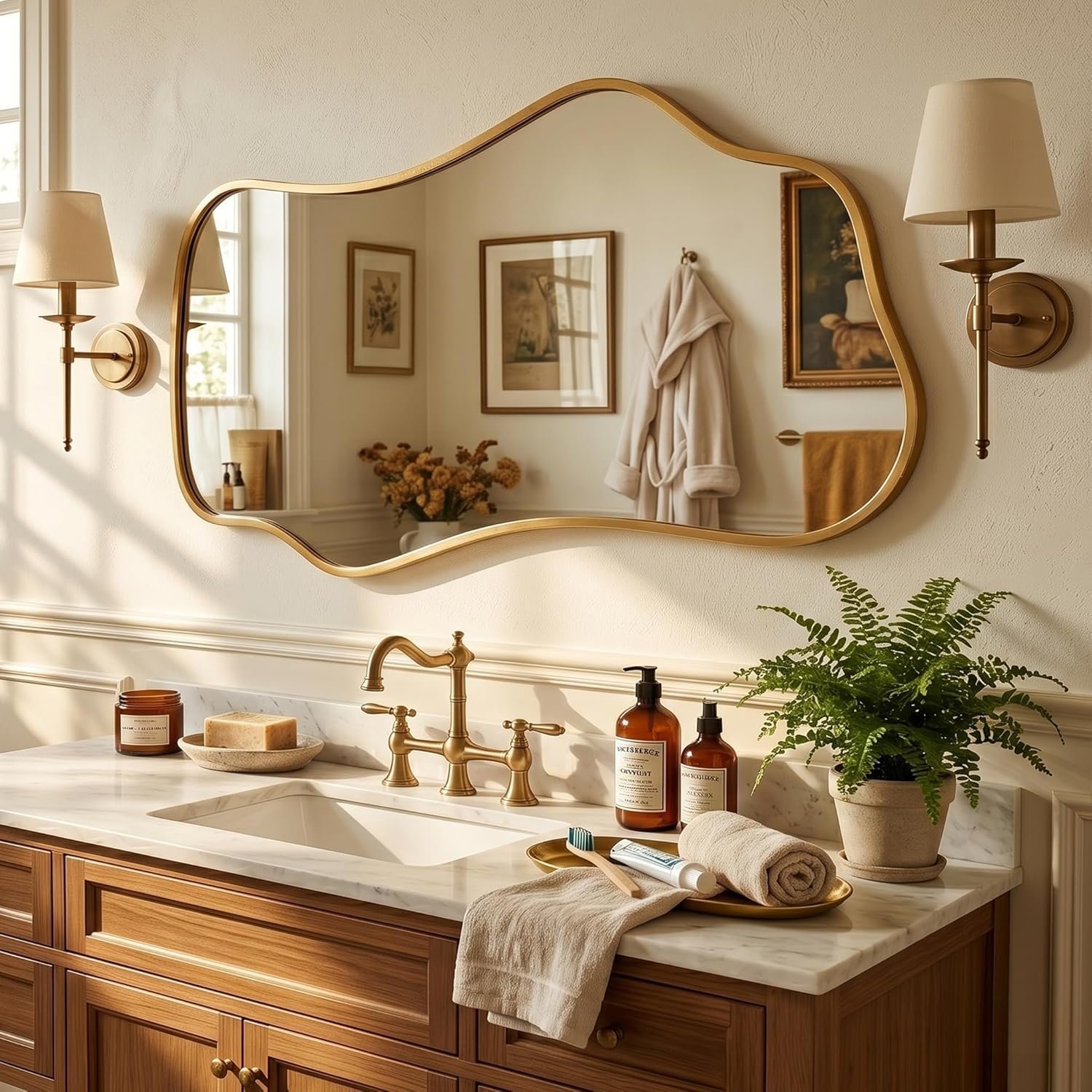 Bathroom Mirrors for Over Sink-Horizontal or Vertical Hanging 47.2"x21.6" Gold Asymmetrical Wavy Aluminum Frame Decorative Full Body Mirror for Living Room,Bedroom,Cloakroom,Entryway - Image 3