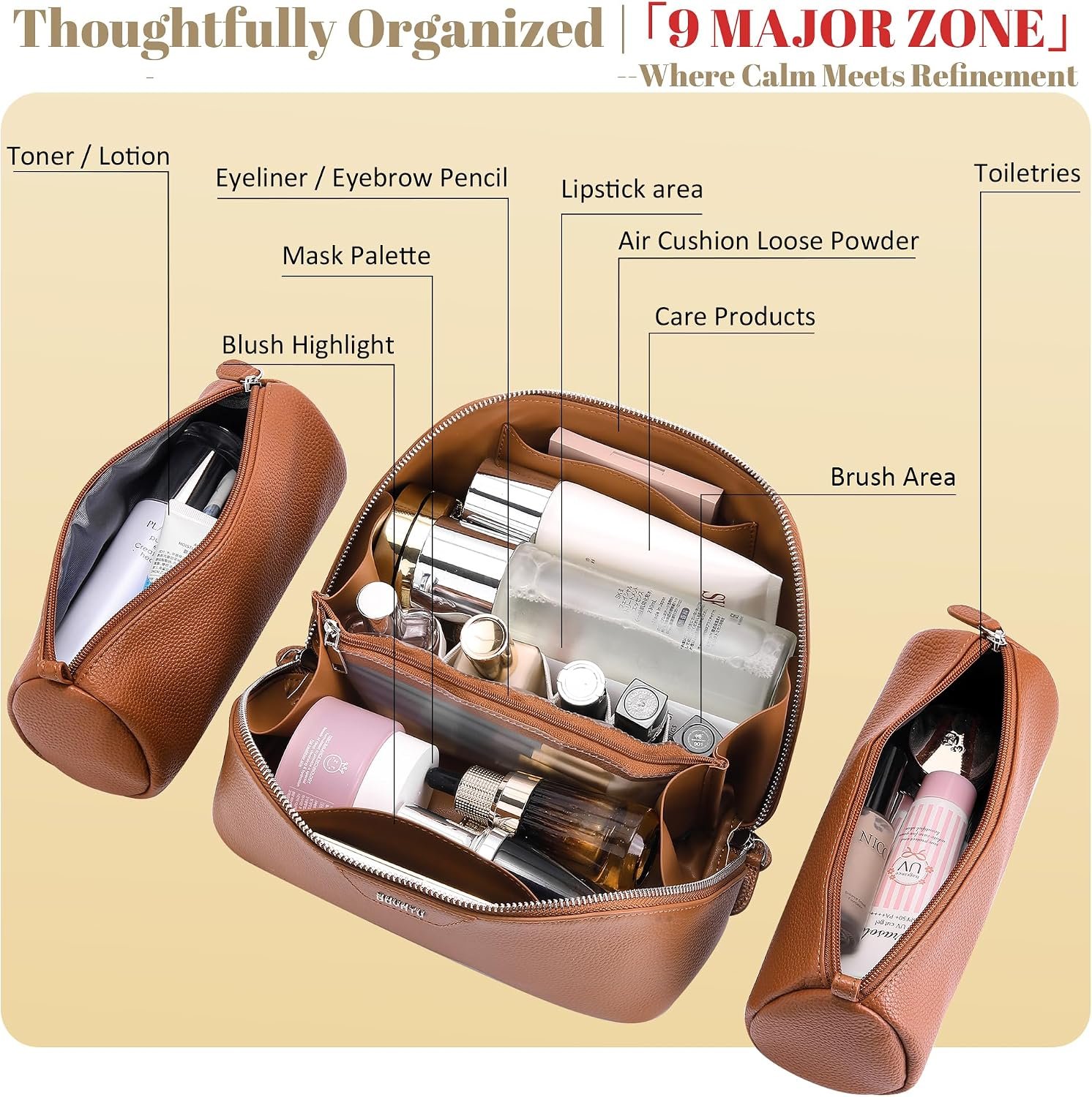 BOYATU Genuine Leather Travel Makeup Bag: Hand-made 3 Pcs Set Cosmetic Bags | Large Capacity Toiletry Organizer Bag for Women - Designer Ladies Travel Essentials for Elegance (Brown) - Image 5