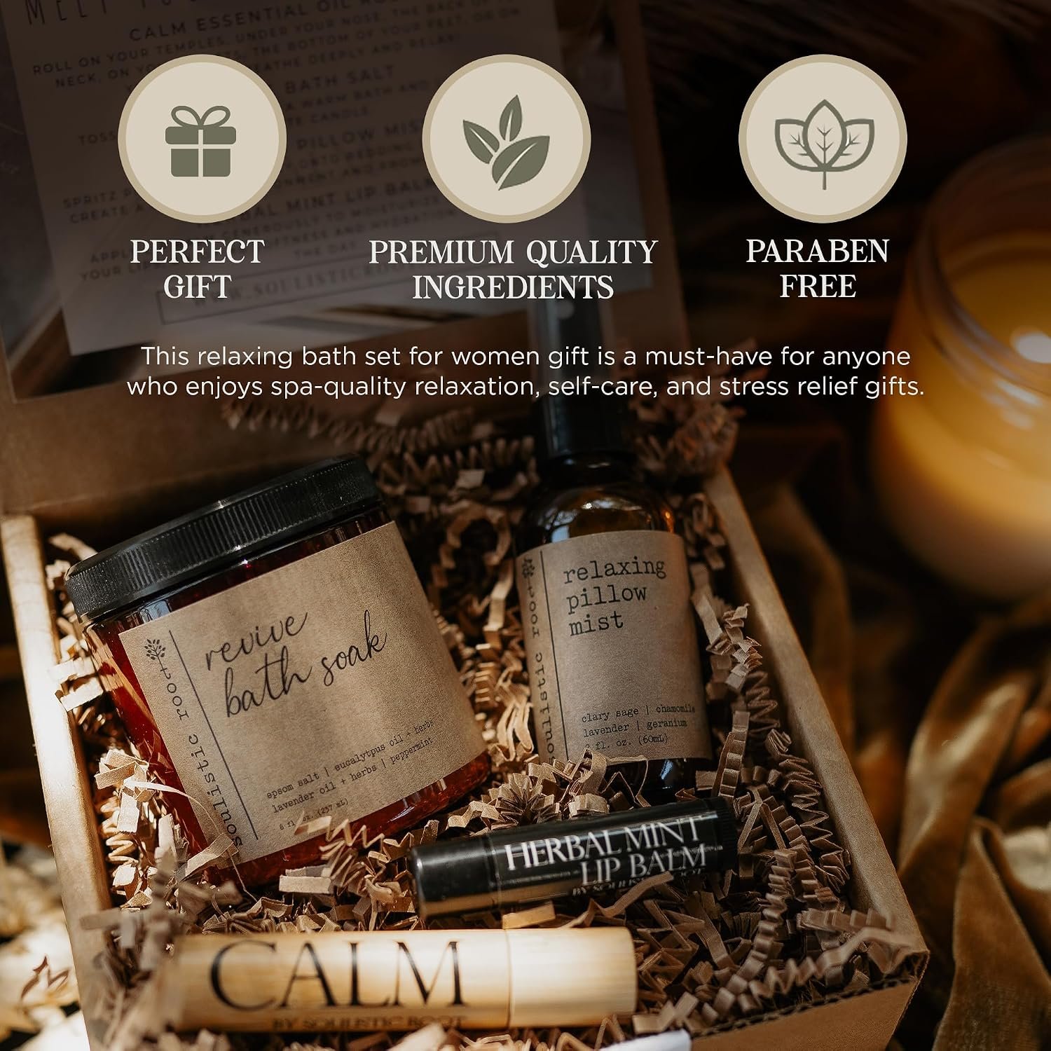 SOULISTIC ROOT Self-Care Set - Luxury Spa Bath Kit, Pillow Mist, Cooling Lip Balm, Tranquil Essential Oil Roller & Epsom Salt Bath Soak Pampering Package, Holistic Gifts for Him & Her - Image 5