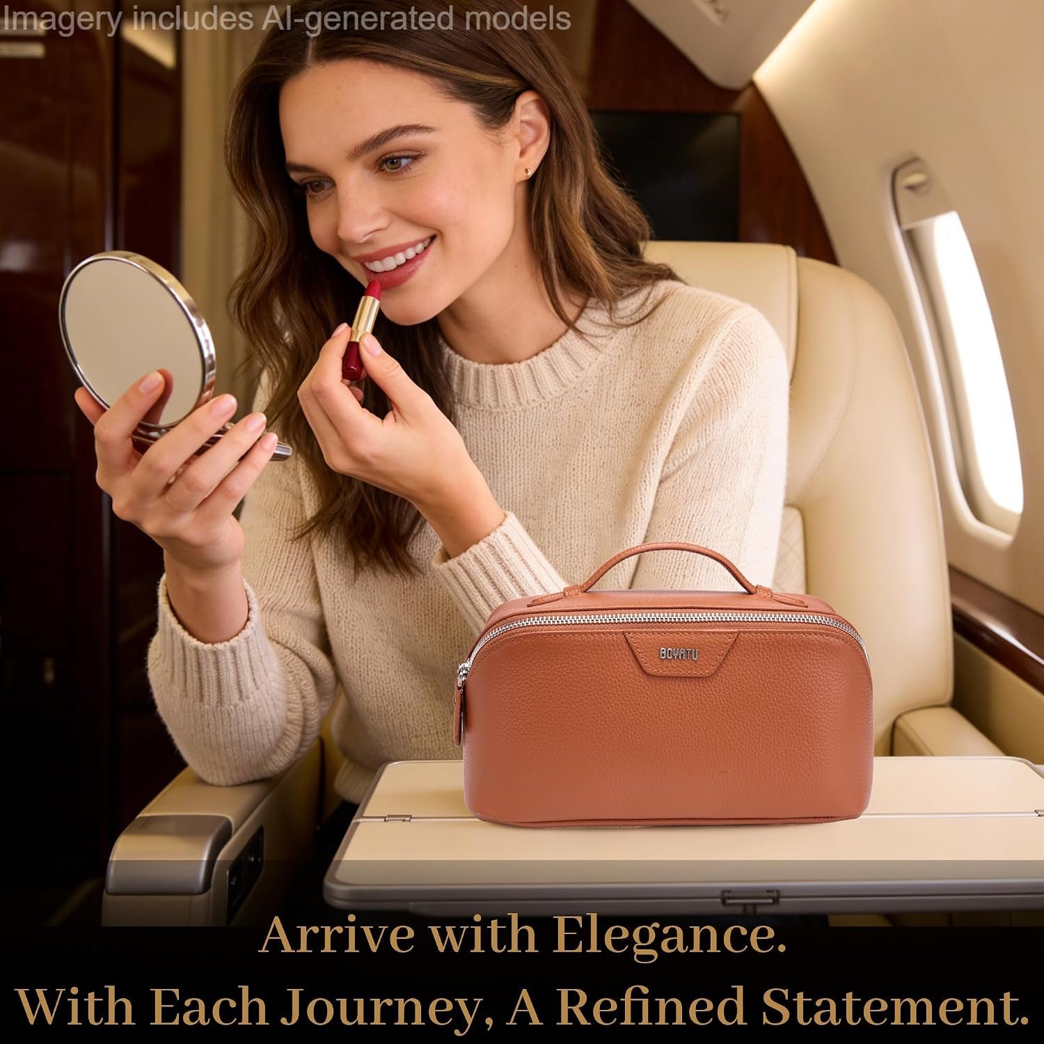 BOYATU Genuine Leather Travel Makeup Bag: Hand-made 3 Pcs Set Cosmetic Bags | Large Capacity Toiletry Organizer Bag for Women - Designer Ladies Travel Essentials for Elegance (Brown) - Image 3