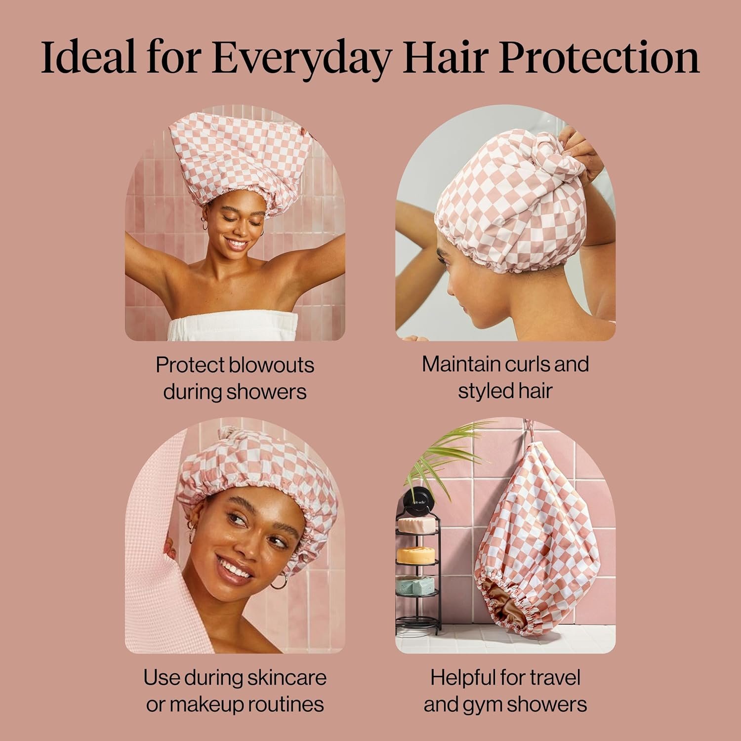 Kitsch Luxury Satin-Lined Flexi Shower Cap for Women - Terracotta Checker | Shower Caps for Women Reusable Waterproof - Non-slip, Comfortable Quick-dry Hair Shower Cap for All Hair Types - Image 6