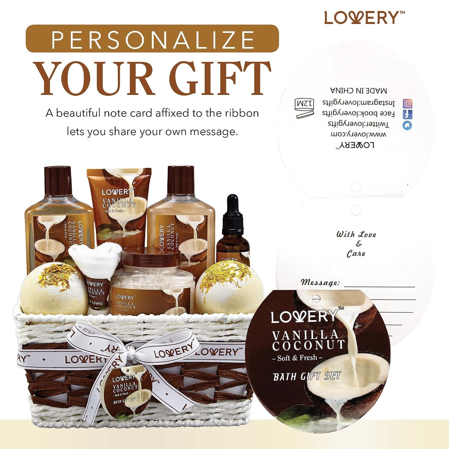 Gifts For Women Gift Basket for Women– 9 Piece Set of Vanilla Coconut Home Spa Set, Luxurious Gifts for Her, Bath and Body Sets Includes Fragrant Lotions, Large Bath Bombs, Coconut Oil - Image 8