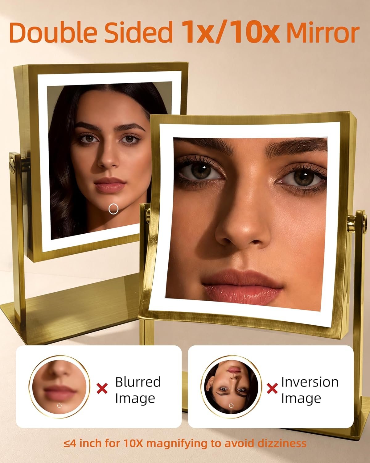 Ruacq Makeup Mirror with Lights, Dual Sided 1X/10X, Antique Brass | 8",4000mAh Rechargeable, Magnifying Mirror with 3 Color Lights,Touch Control Dimmable, 360° Rotation, Square, Gift for Women - Image 7