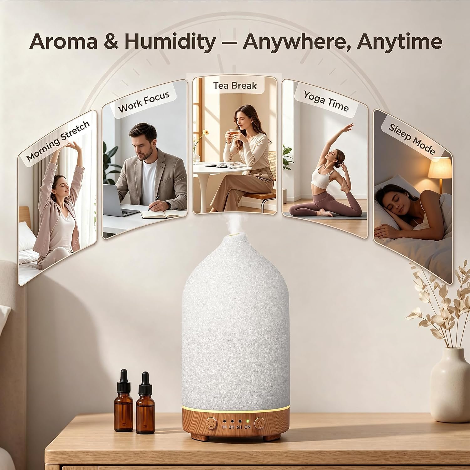 Gooamp 200ML Ceramic Essential Oil Diffuser for Home, Stone Diffuser | Ultrasonic Aromatherapy Diffuser & Air Humidifier for Bedroom, Office, Yoga, 7 LED Lights, Auto Shut-Off, 3 Timers,Wood Grain - Image 7