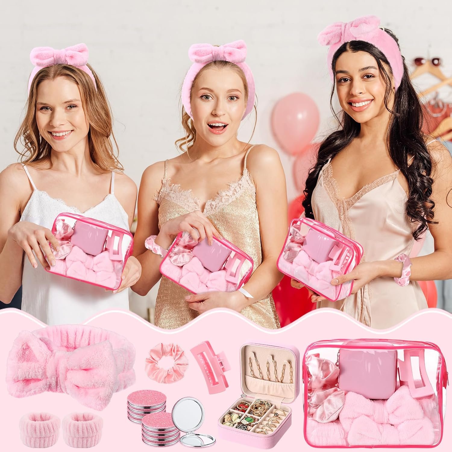 Suncalla 48 Pcs Sleepover Party Supplies Kit Bridesmaid Proposal Gifts Slumber Birthday Spa Party Favors Bow Headband Scrunchies Jewelry Case Makeup Bag Mirror for Gifts (Pink) - Image 4