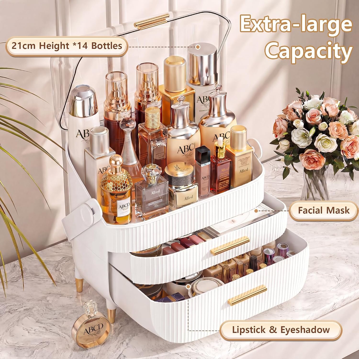NestOrganix Makeup Organizer Skincare Organizers With Drawers | Cosmetic Display Cases with Transparent Cover, Skincare Organizers for Bathroom Countertop, Bedroom Vanity Desk, White - Image 3