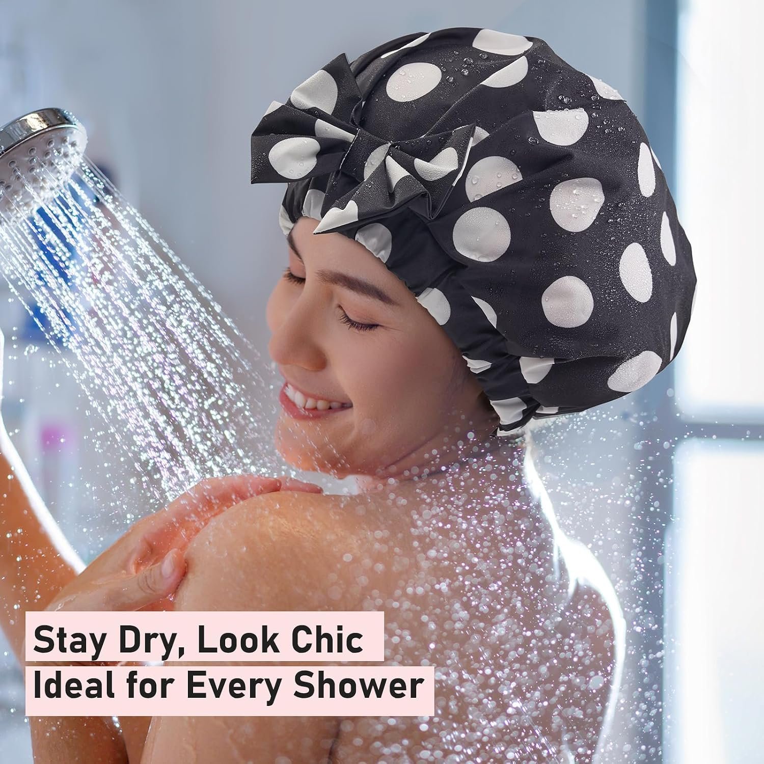 LitBear Luxury Silk Lined Shower Caps for Women Reusable Waterproof | Double Layered Large Bathing Hair Cap with Adjustable Elastic Strap, Non-slip, Quick-dry, for Long Short Hair, Black Dots - Image 7