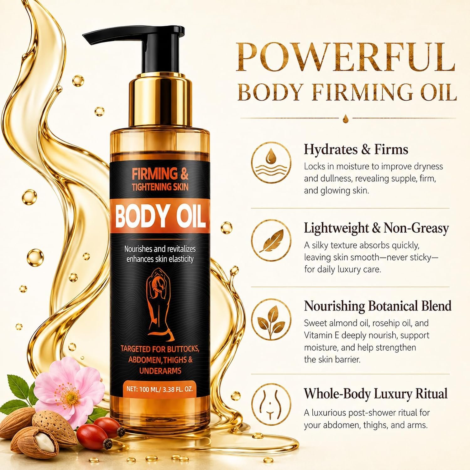 Firming Body Oil, Skin Firming Oil After Shower for Women – Tightening & Hydrating for Arms, Legs, Stomach & Body, Non-Greasy & Anti Aging Formula with Collagen for Dry, Crepe Skin, 100ml - Image 2