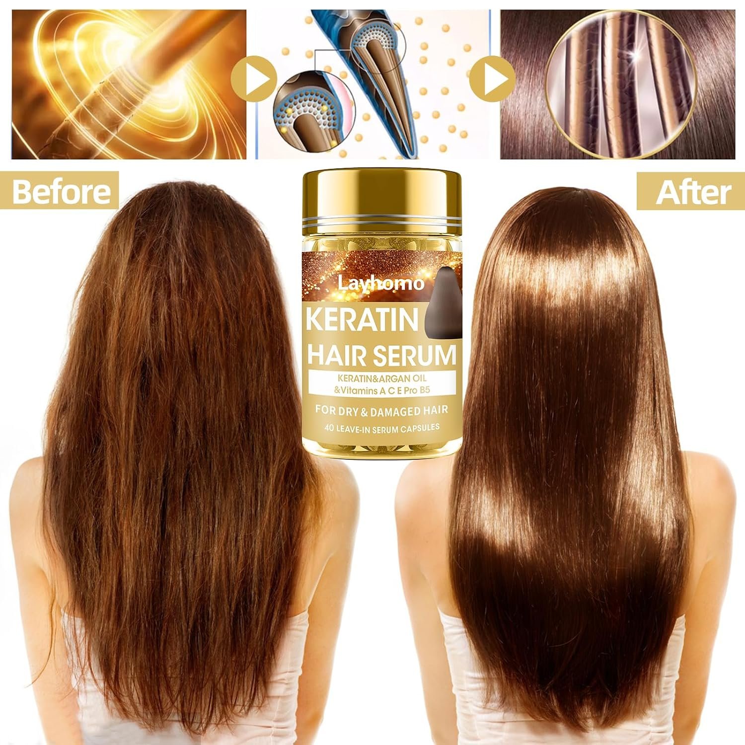 Keratin Hair Treatment Serum,Hair Serum Treatment for Dry Damaged Hair,Hair Oil Capsules with Keratin,Argan Oil-Leave-in Anti Frizz Conditioner with Vitamins A, C, E & B5- No Rinse for All Hair Types - Image 3