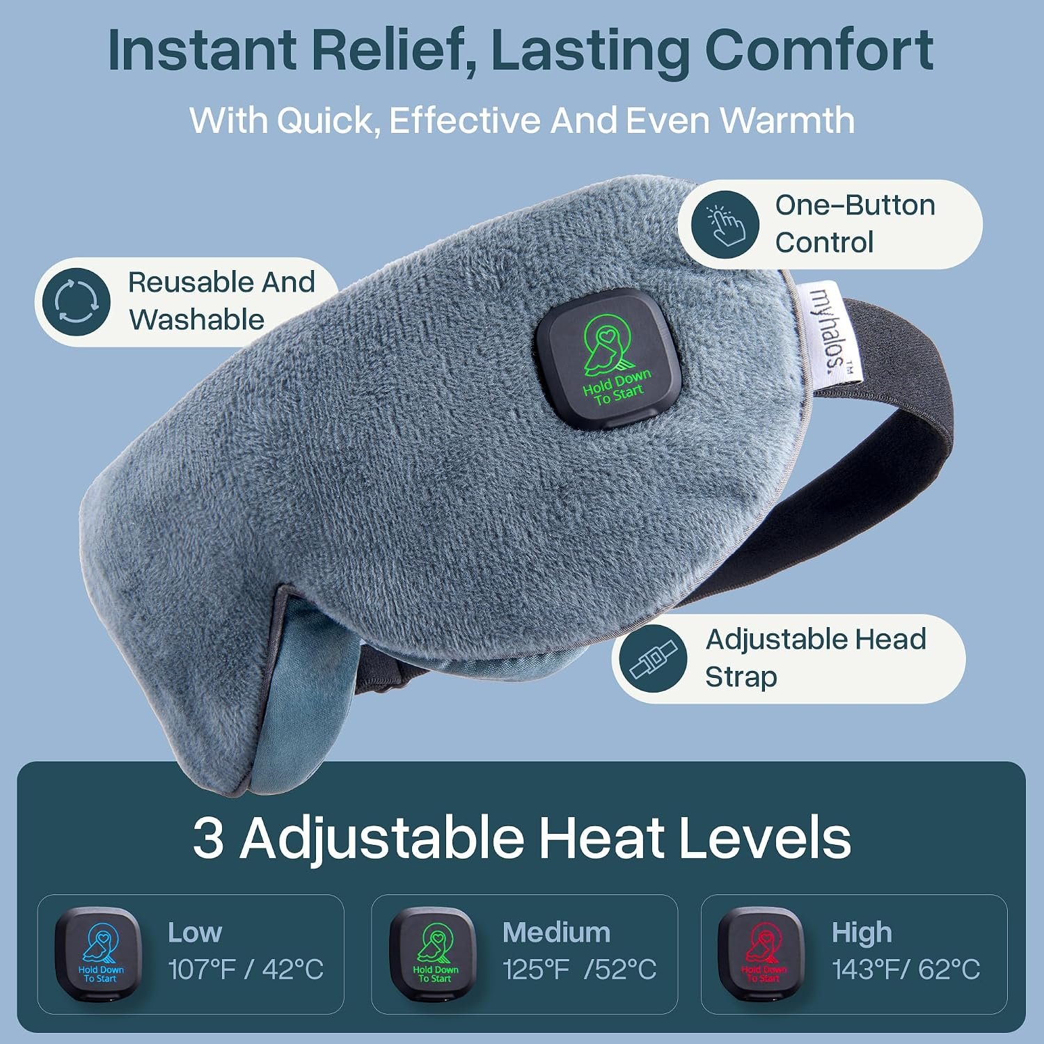 MyHalos Cordless Heated Eye Mask, Rechargeable Warm Compress for Dry Eyes | USB Rechargeable, Washable Cover, Comfort for Styes & Blepharitis, Sinus Relief, Reusable, Cordless, Moist Heat Therapy - Image 5
