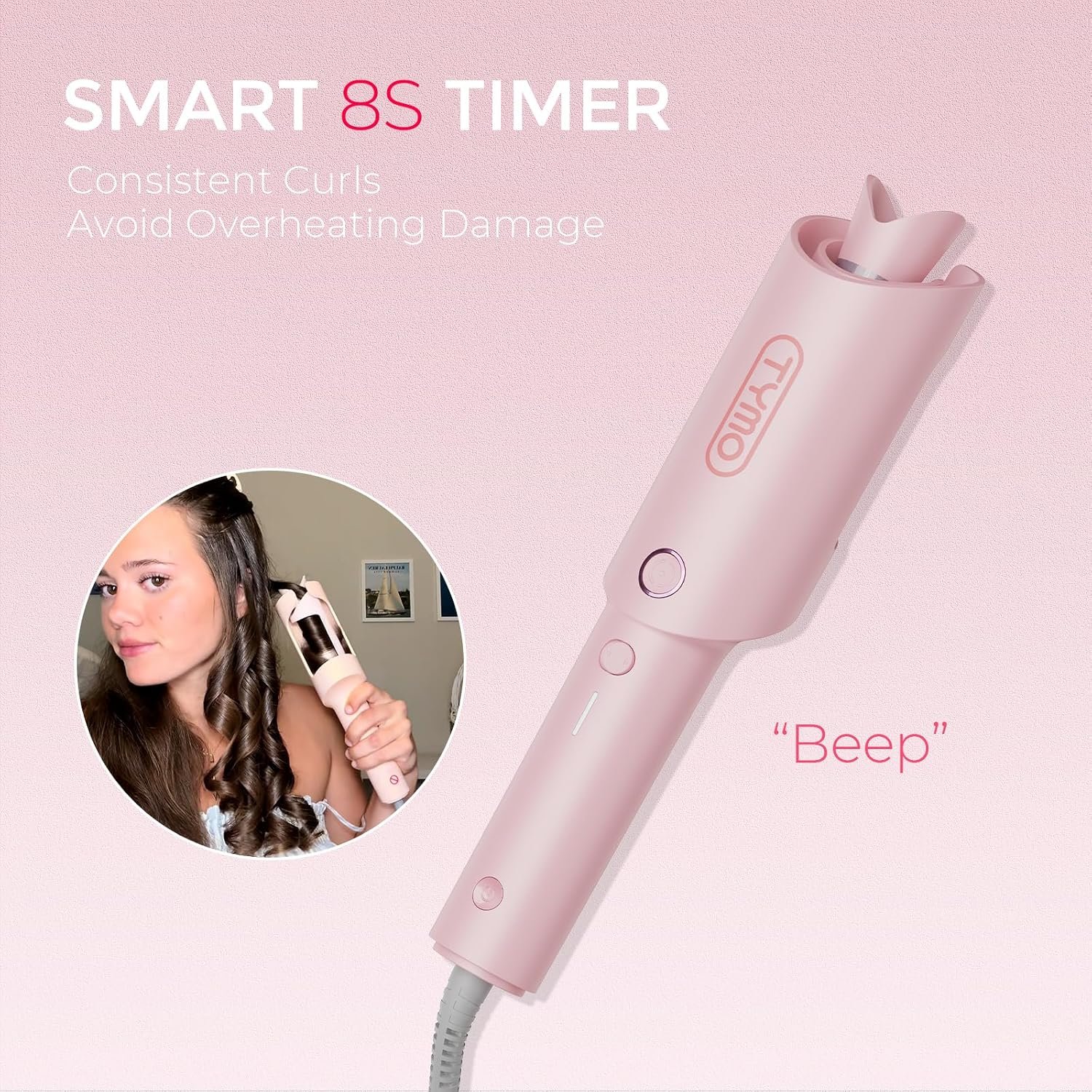 TYMO Automatic Rotating Curling Iron, TYMO CURLPRO Beach Waves Hair Curler | 500 Million Ionic Curling Wand, Dual Voltage, Portable Lightweight for Travel, Ceramic Coating, 1 Inch, Pink - Image 6