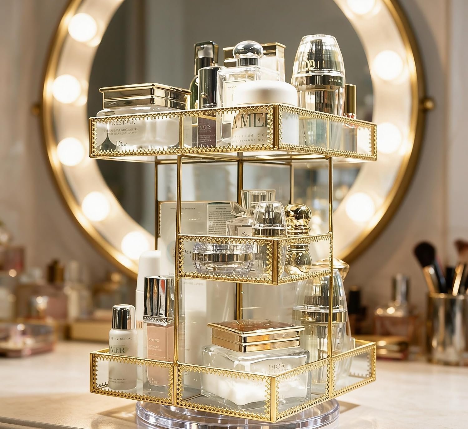360° Rotating Glass Makeup Organizer, 3-Tier Cosmetic Holder | Antique Lace Design, Vanity Storage Tray, Large Capacity, For Perfume, Skincare Bottles, Lipsticks & Brushes - Image 7