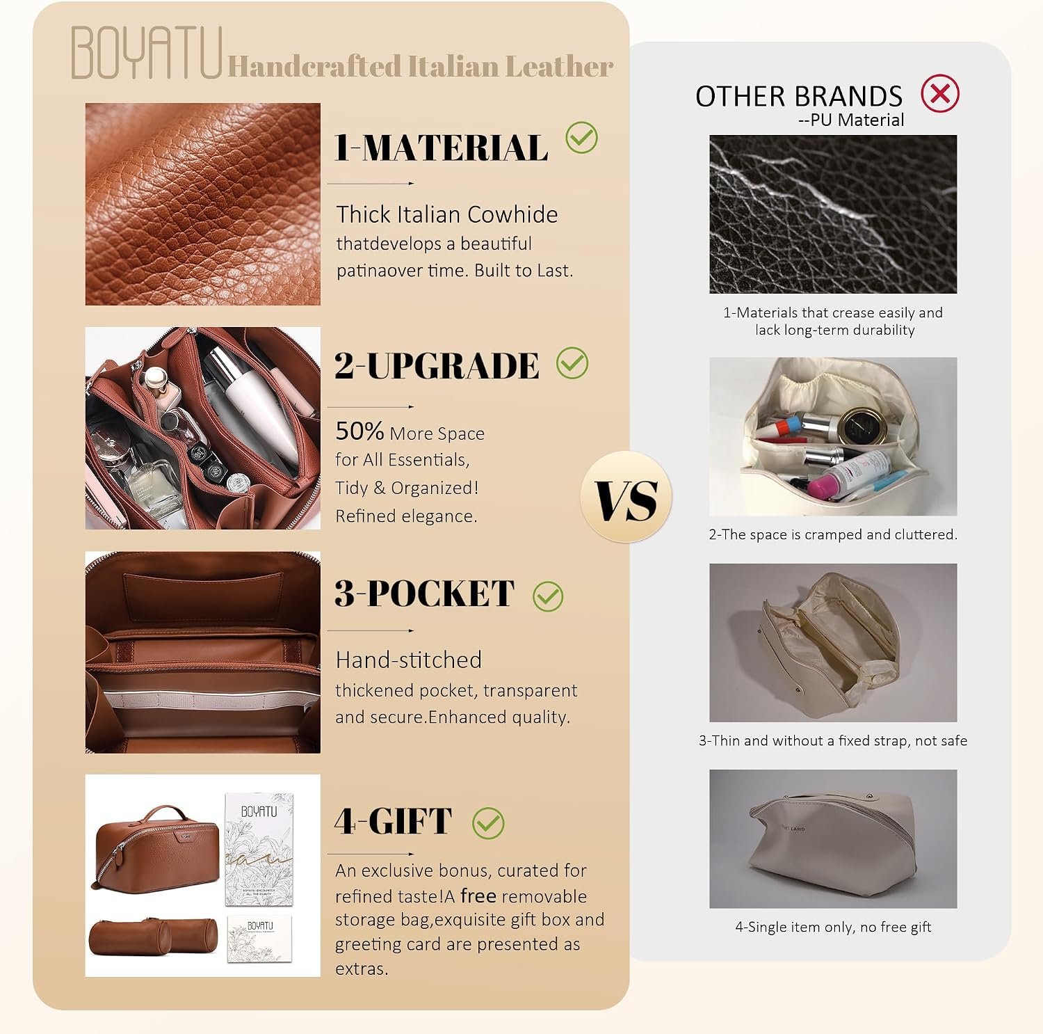 BOYATU Genuine Leather Travel Makeup Bag: Hand-made 3 Pcs Set Cosmetic Bags | Large Capacity Toiletry Organizer Bag for Women - Designer Ladies Travel Essentials for Elegance (Brown) - Image 2