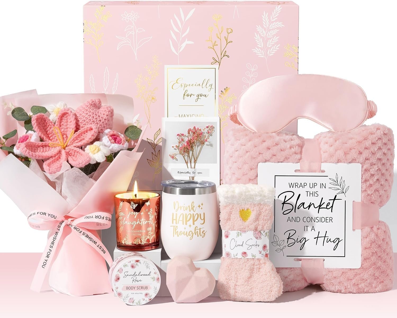 Birthday Gifts for Women, Spa Self Care Package Get Well Soon Gift Baskets | Sympathy Gift Set w/ Crochet Flower Bouquet, Christmas Thinking of You Gifts Basket for Women Mom Her Best Friend Sister Wife