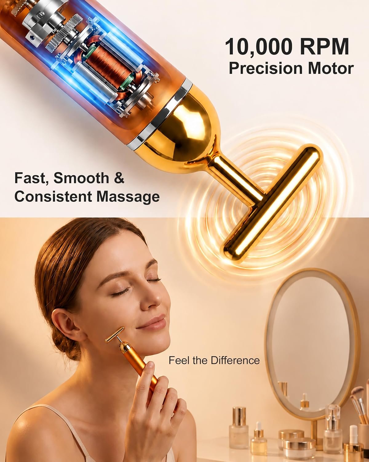 Rechargeable Face Massager Roller, Golden Vibrating T Bar Facial Massager & 3D Face Roller for Lymphatic Drainage, Face Depuffer for Jawline, Puffy Face & Skincare Routine - Image 4