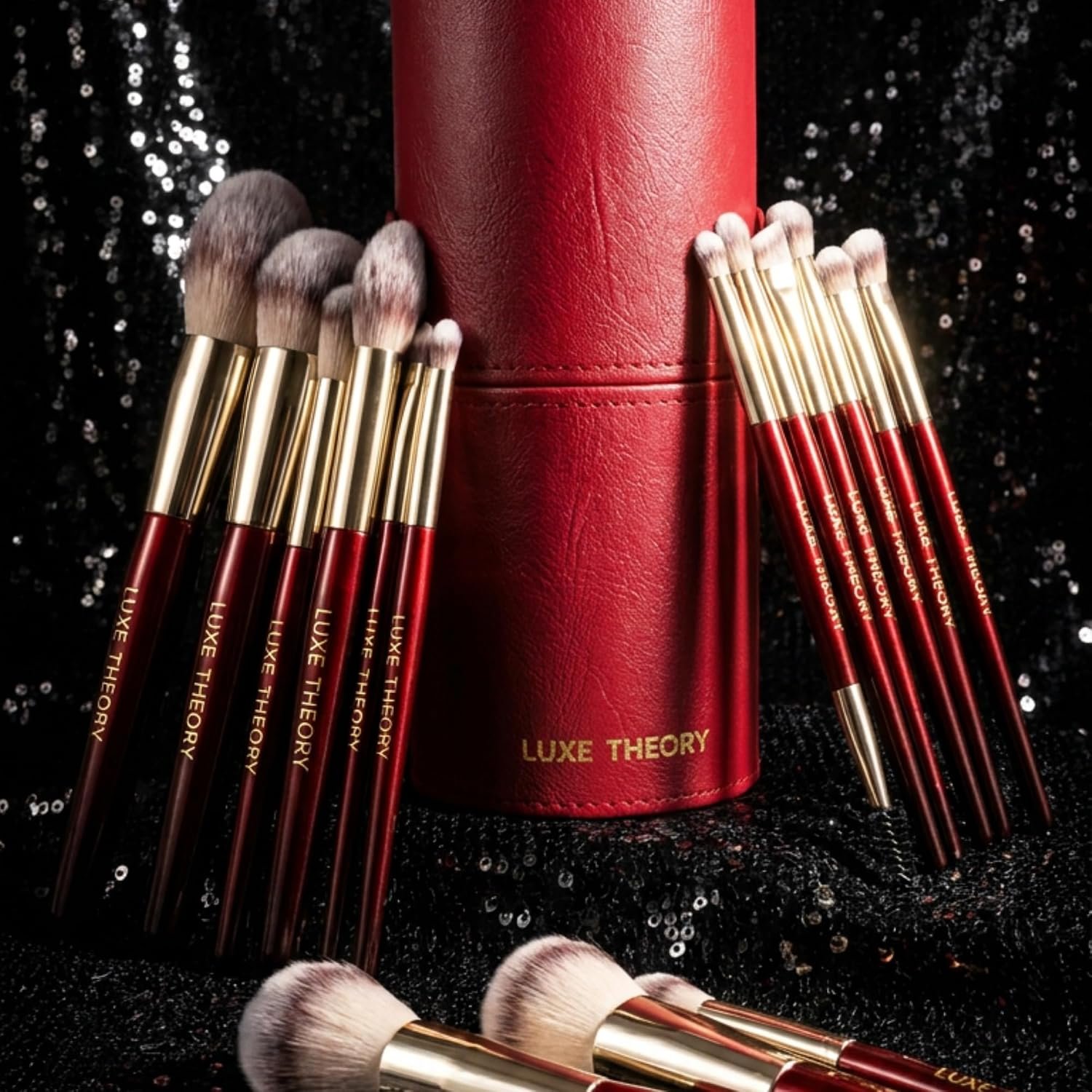 LUXE THEORY 15 Piece Luxury Makeup Brush Set with Holder, Professional Face & Eye Makeup Brushes, Wooden Handles, Ultra Dense Soft Synthetic Bristles, Burgundy & Gold - Image 9