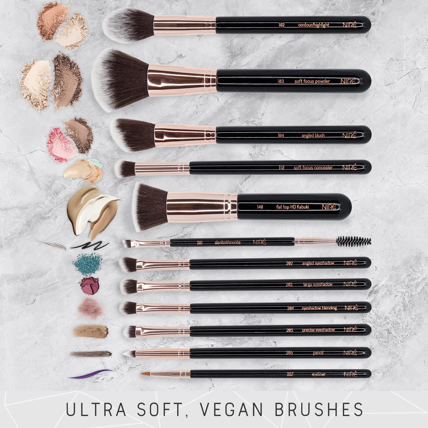 Niré Beauty Professional Makeup Brush Set, 15 Piece Black & Rose Gold | Foundation, powder, blush, blending, eyeshadow, vegan bristles, holder case, sponge, cleaner, guide - Image 2