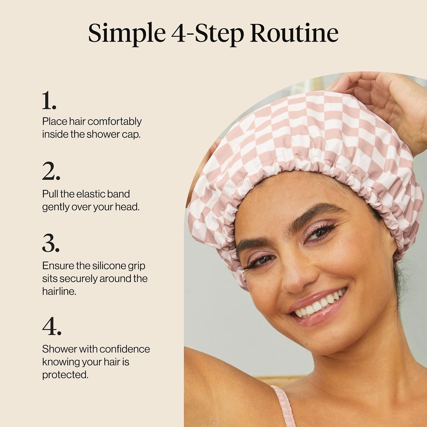 Kitsch Luxury Satin-Lined Flexi Shower Cap for Women - Terracotta Checker | Shower Caps for Women Reusable Waterproof - Non-slip, Comfortable Quick-dry Hair Shower Cap for All Hair Types - Image 7