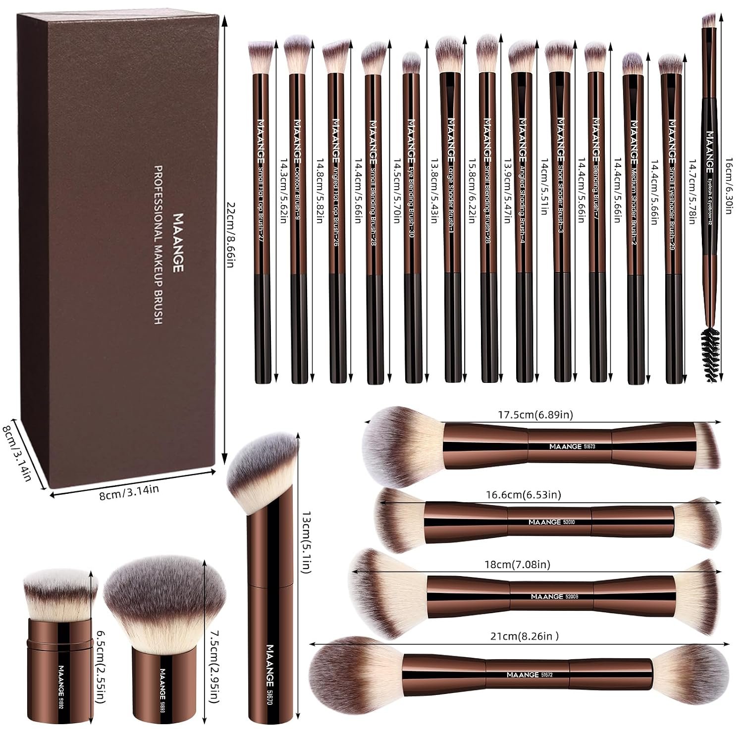 MAANGE 20 Pcs Makeup Brushes with Gift Box, Double-End Multi-functional Makeup Brushes for Blending Liquid Powder Concealer Cream Blush Buffe,CoffeeBrown - Image 8