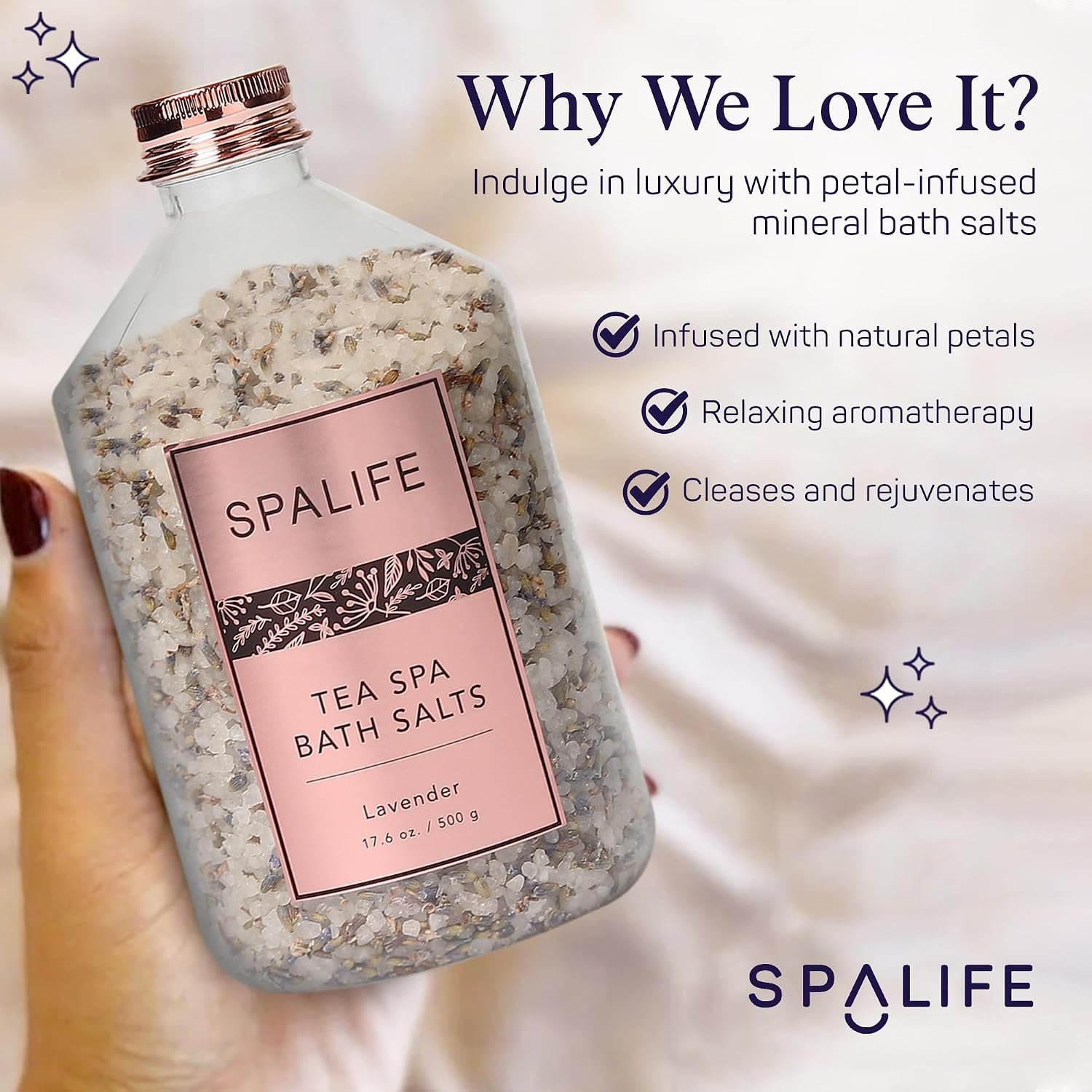 SpaLife Effervescent Rose & Lavender Bath Salts for Women Relaxing | All Natural Aromatherapy Dead Sea Salt Bath Soak Duo | Real Flower Petals for Relaxing Mineral Baths | 2-Pack (35.2 oz) - Image 7