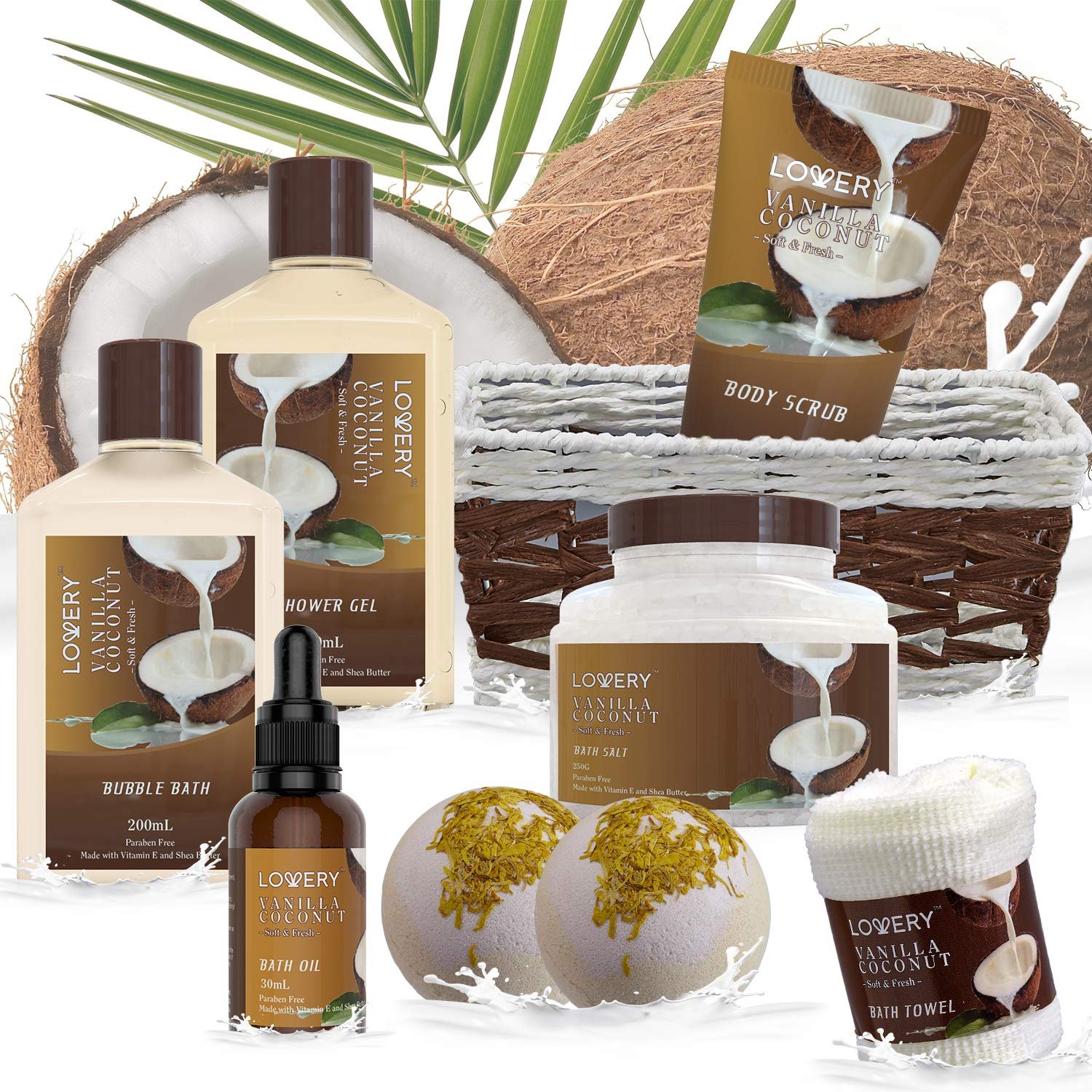 Gifts For Women Gift Basket for Women– 9 Piece Set of Vanilla Coconut Home Spa Set, Luxurious Gifts for Her, Bath and Body Sets Includes Fragrant Lotions, Large Bath Bombs, Coconut Oil - Image 5