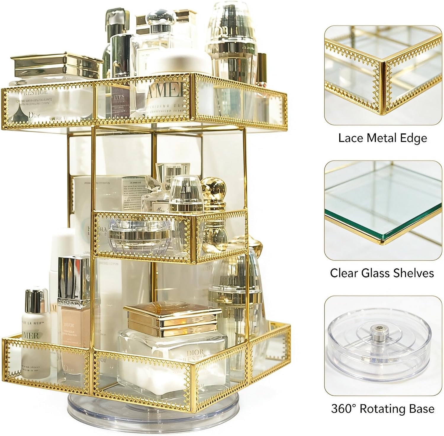 360° Rotating Glass Makeup Organizer, 3-Tier Cosmetic Holder | Antique Lace Design, Vanity Storage Tray, Large Capacity, For Perfume, Skincare Bottles, Lipsticks & Brushes - Image 6