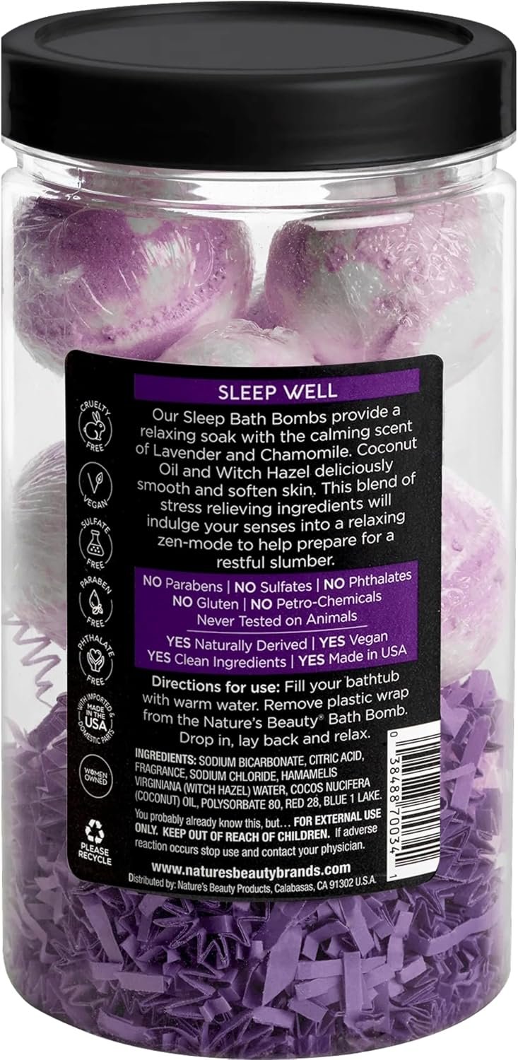 Nature’s Beauty Lavender Chamomile Sleep Bath Bomb Gift Set - Relaxing Spa Soak with Coconut Oil & Witch Hazel - Vanilla Citrus Scent - 2 Pack, 17.5 oz - Image 7