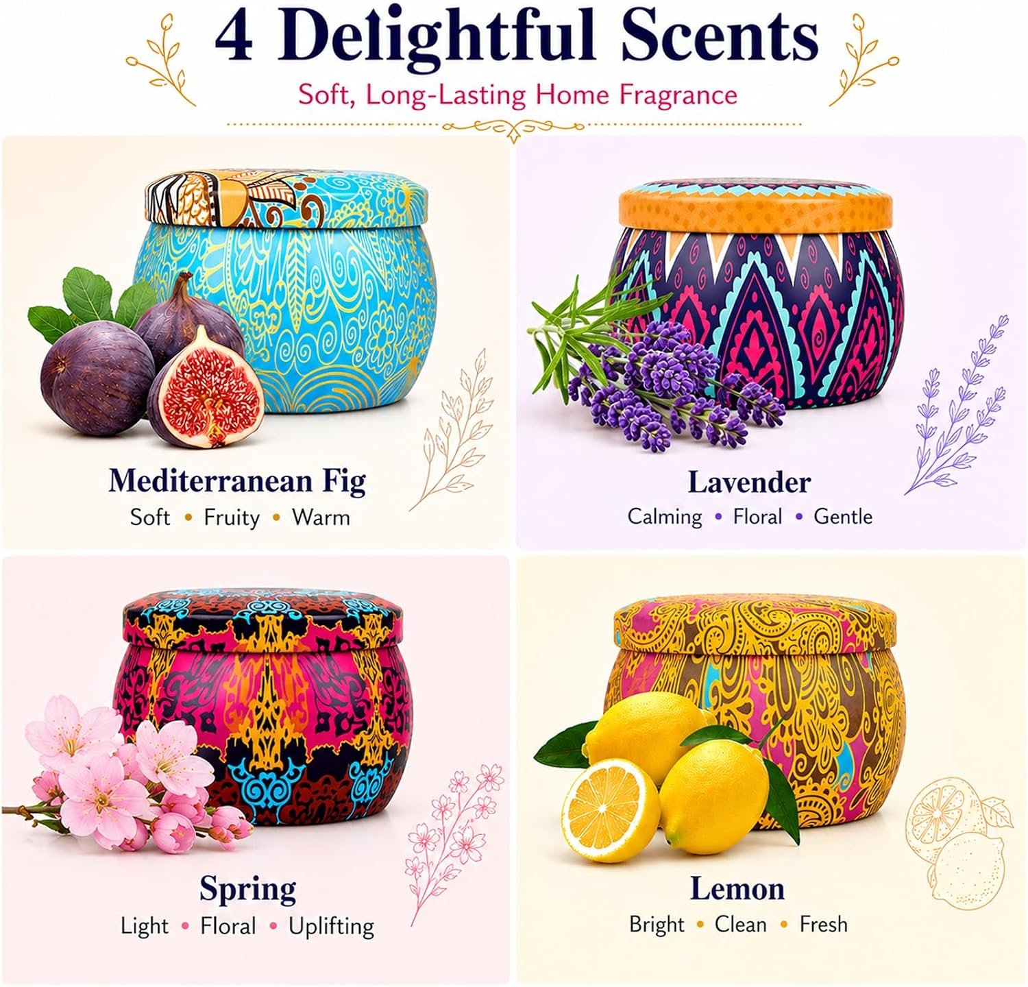 Scented Candles Gift Set for Women, 4 Pack Soy Wax Candles for Home Scented | Aromatherapy Candle Set with Classic Bohemian Tins, Stress Relief Meditation Candle, Birthday Gifts for Mom, Thank You Gifts - Image 2