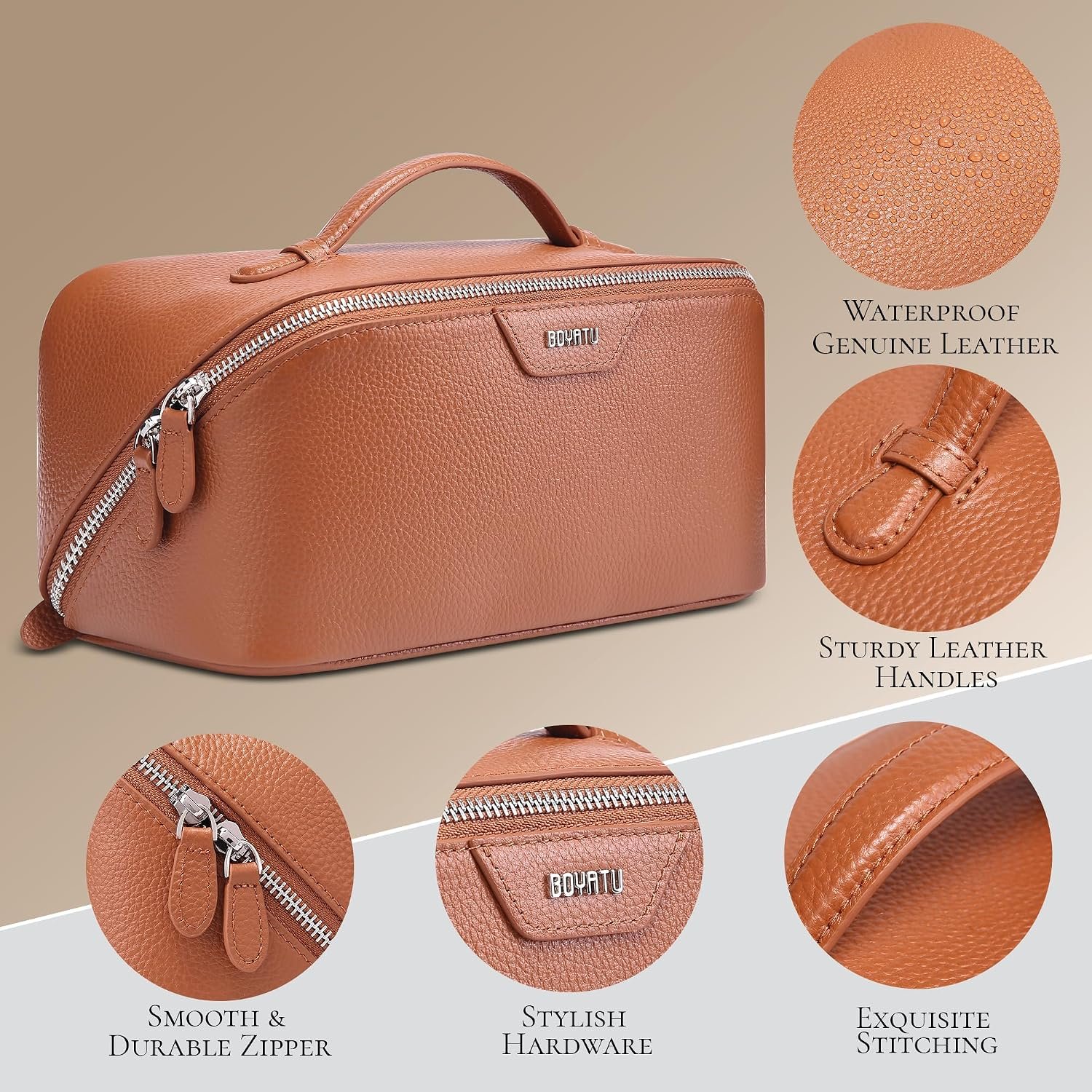 BOYATU Genuine Leather Travel Makeup Bag: Hand-made 3 Pcs Set Cosmetic Bags | Large Capacity Toiletry Organizer Bag for Women - Designer Ladies Travel Essentials for Elegance (Brown) - Image 4