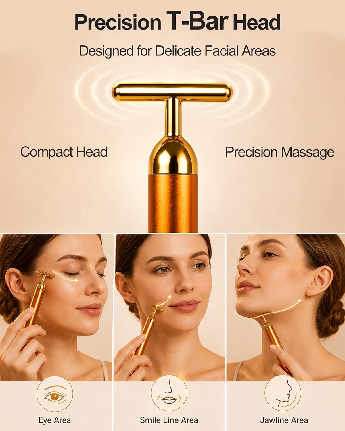 Rechargeable Face Massager Roller, Golden Vibrating T Bar Facial Massager & 3D Face Roller for Lymphatic Drainage, Face Depuffer for Jawline, Puffy Face & Skincare Routine - Image 3