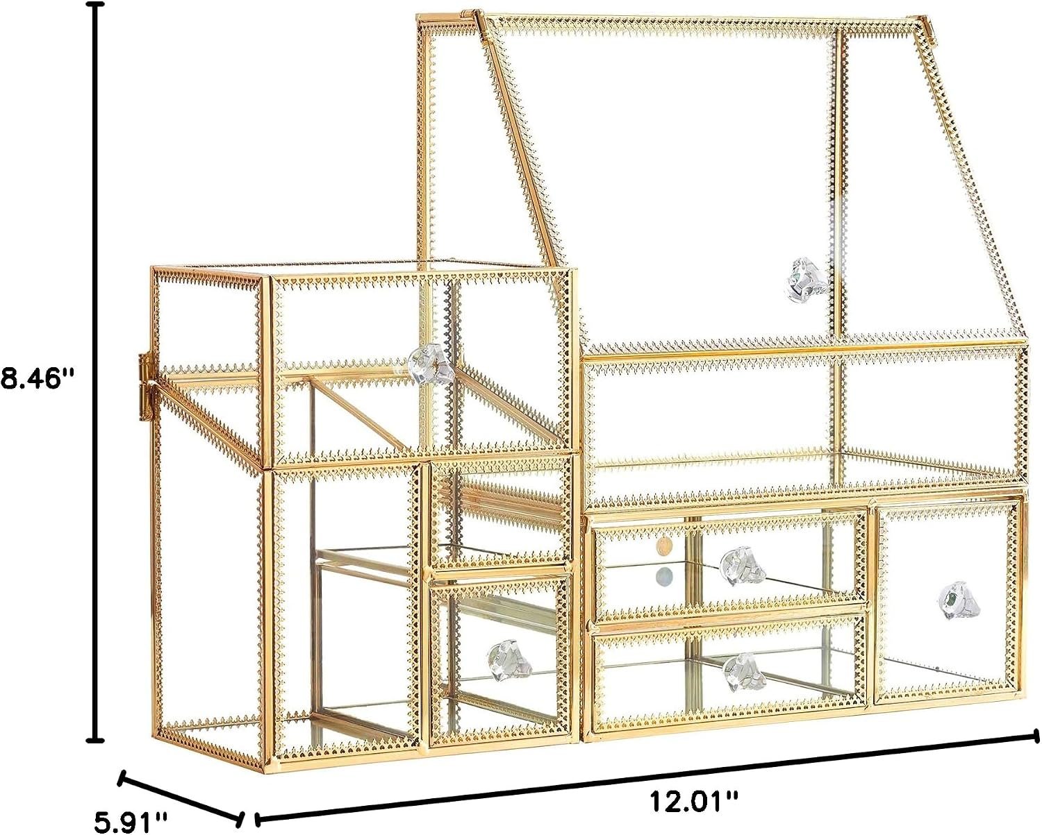 Tempered Glass Makeup Organizer with Gold Heart Shaped Metal Frame, Large Cosmetic Storage Drawer Cabinet, Dustproof Vanity Display Case for Lipstick Makeup Brush Skincare - Image 9