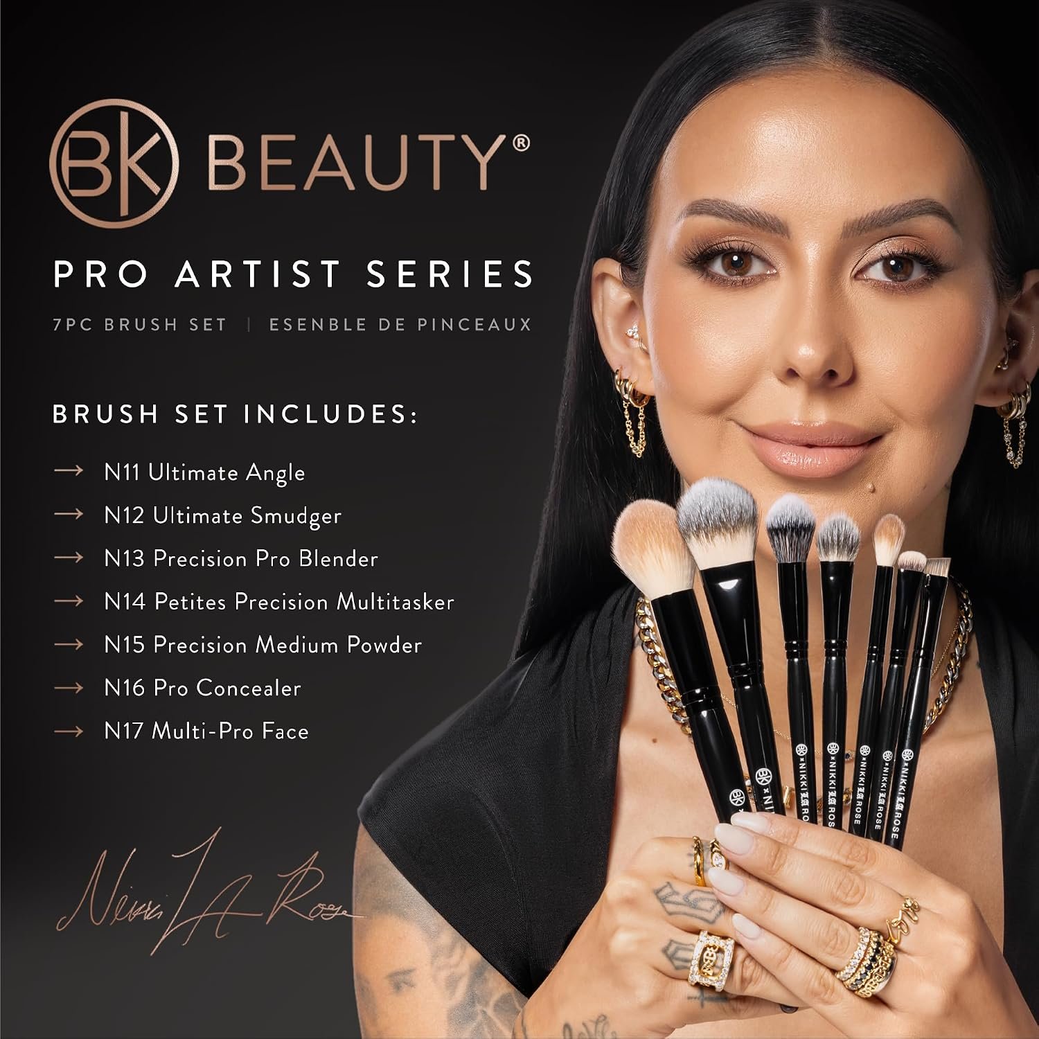 BK BEAUTY Nikki La Rose Pro Artist Makeup Brush Set, 7 Brushes | 7-piece face, eye and lip set for liner, smudging and blending. Synthetic fiber bristles, aluminum handles. - Image 4