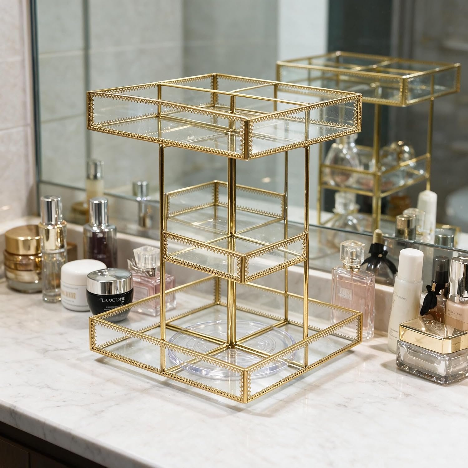 360° Rotating Glass Makeup Organizer, 3-Tier Cosmetic Holder | Antique Lace Design, Vanity Storage Tray, Large Capacity, For Perfume, Skincare Bottles, Lipsticks & Brushes - Image 2