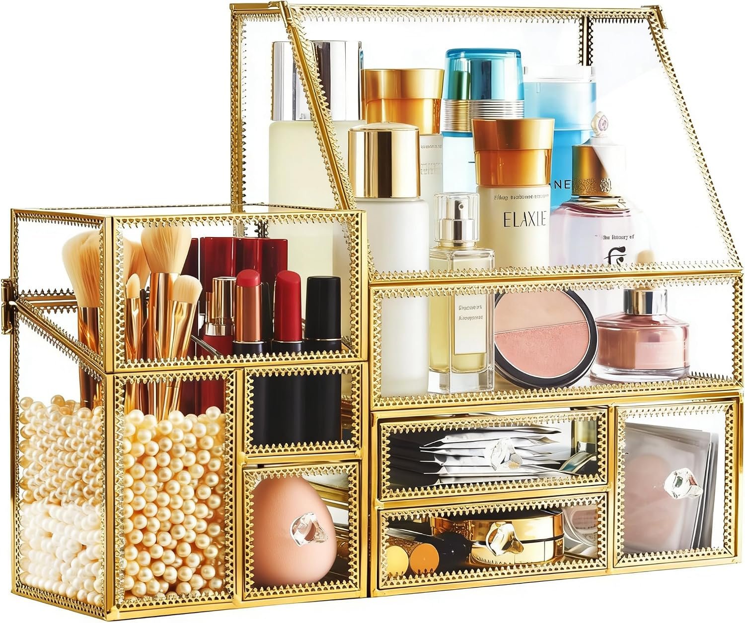 Tempered Glass Makeup Organizer with Gold Heart Shaped Metal Frame, Large Cosmetic Storage Drawer Cabinet, Dustproof Vanity Display Case for Lipstick Makeup Brush Skincare - Image 6
