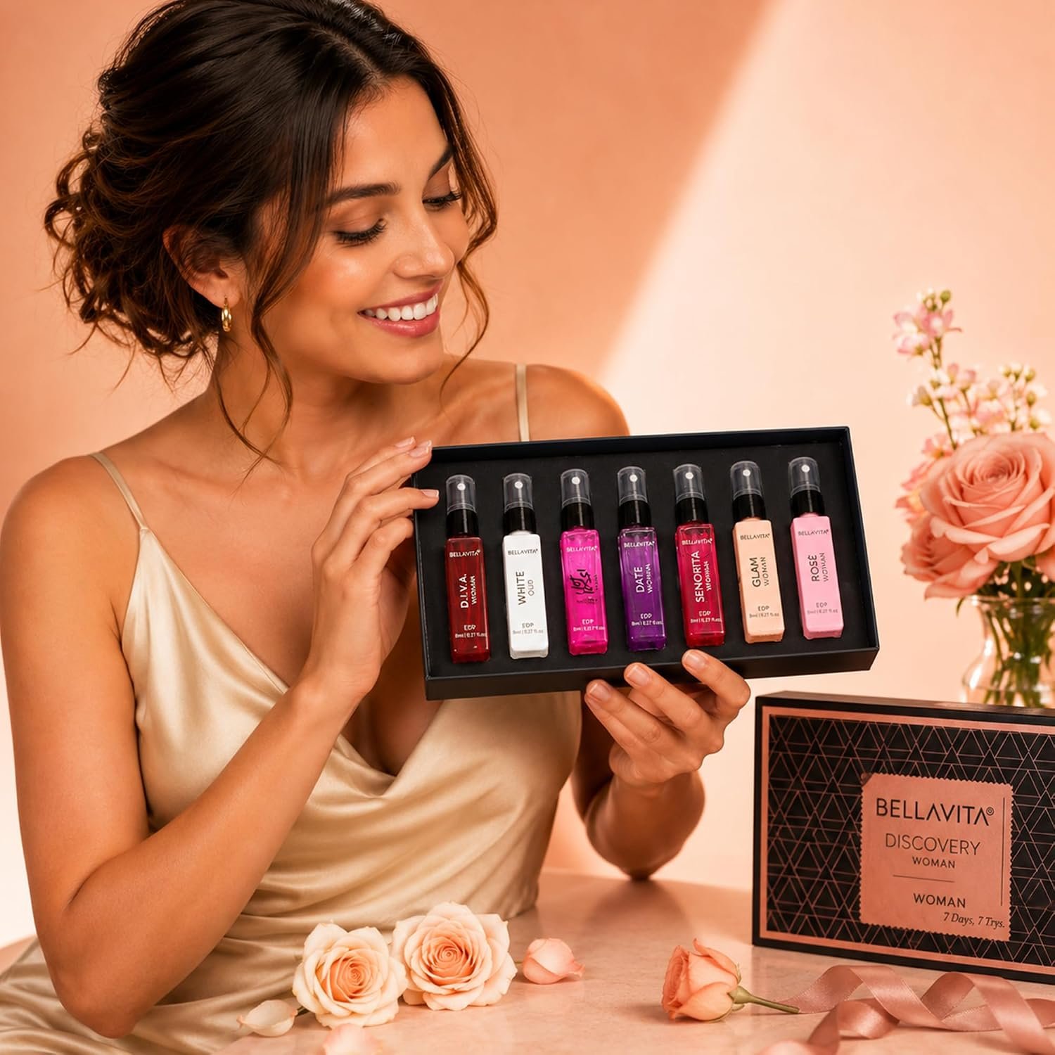 Bellavita Luxury Women's Perfume Discovery Gift Set with Date, Glam, Diva, Rose, Hot Mess, White Oud, and Senorita | 7 X 8ml | Floral, Fresh, Fruity Scent Profile - Image 3