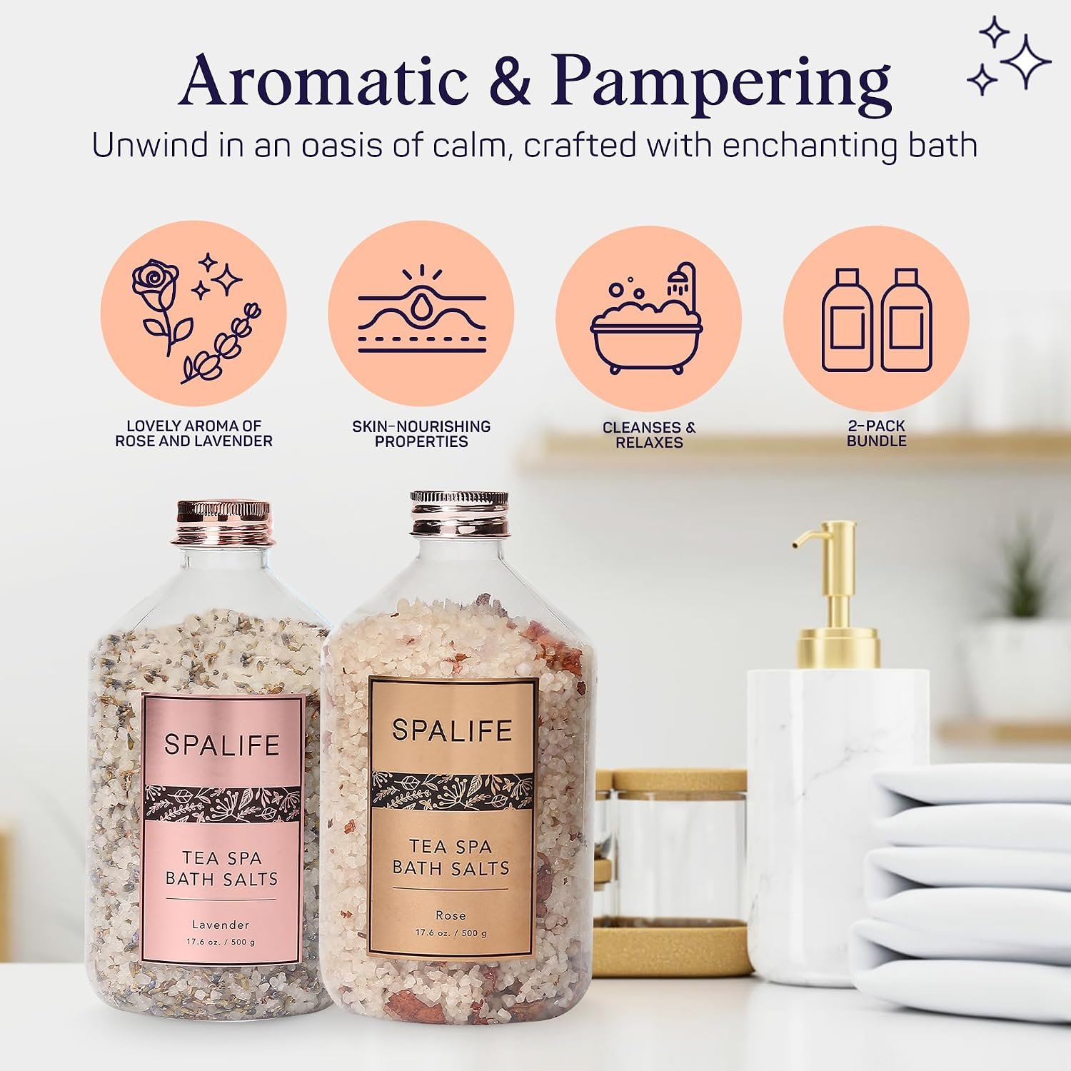 SpaLife Effervescent Rose & Lavender Bath Salts for Women Relaxing | All Natural Aromatherapy Dead Sea Salt Bath Soak Duo | Real Flower Petals for Relaxing Mineral Baths | 2-Pack (35.2 oz) - Image 6