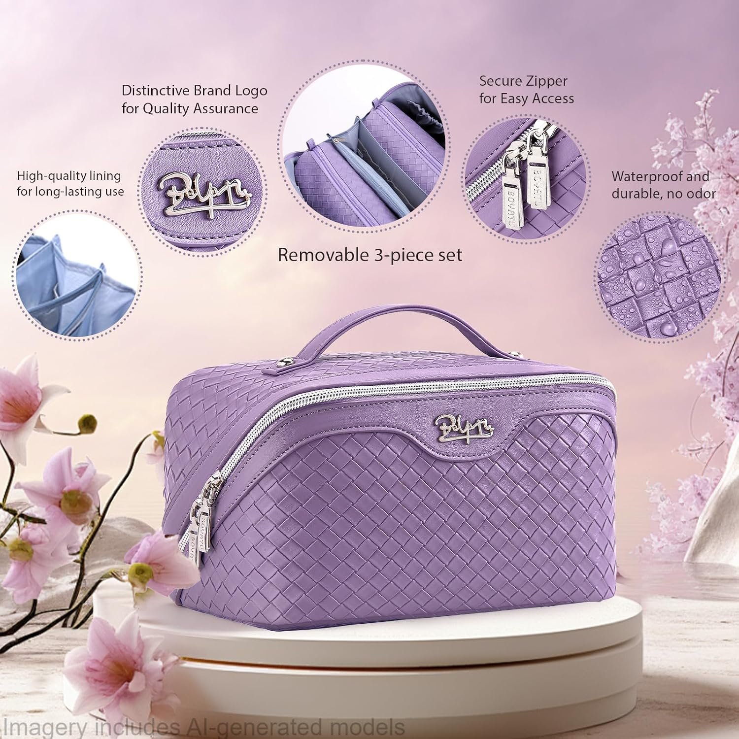 BOYATU Travel Makeup Bag Cosmetic Bags for Women: 3 Pcs Set Make up Bag | Large Capacity Waterproof Vegan Leather Organizer Bags with Compartments - Lay flat Toiletry with Handle (L01 Purple) - Image 2