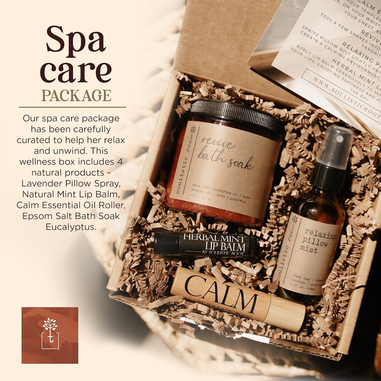SOULISTIC ROOT Self-Care Set - Luxury Spa Bath Kit, Pillow Mist, Cooling Lip Balm, Tranquil Essential Oil Roller & Epsom Salt Bath Soak Pampering Package, Holistic Gifts for Him & Her - Image 2