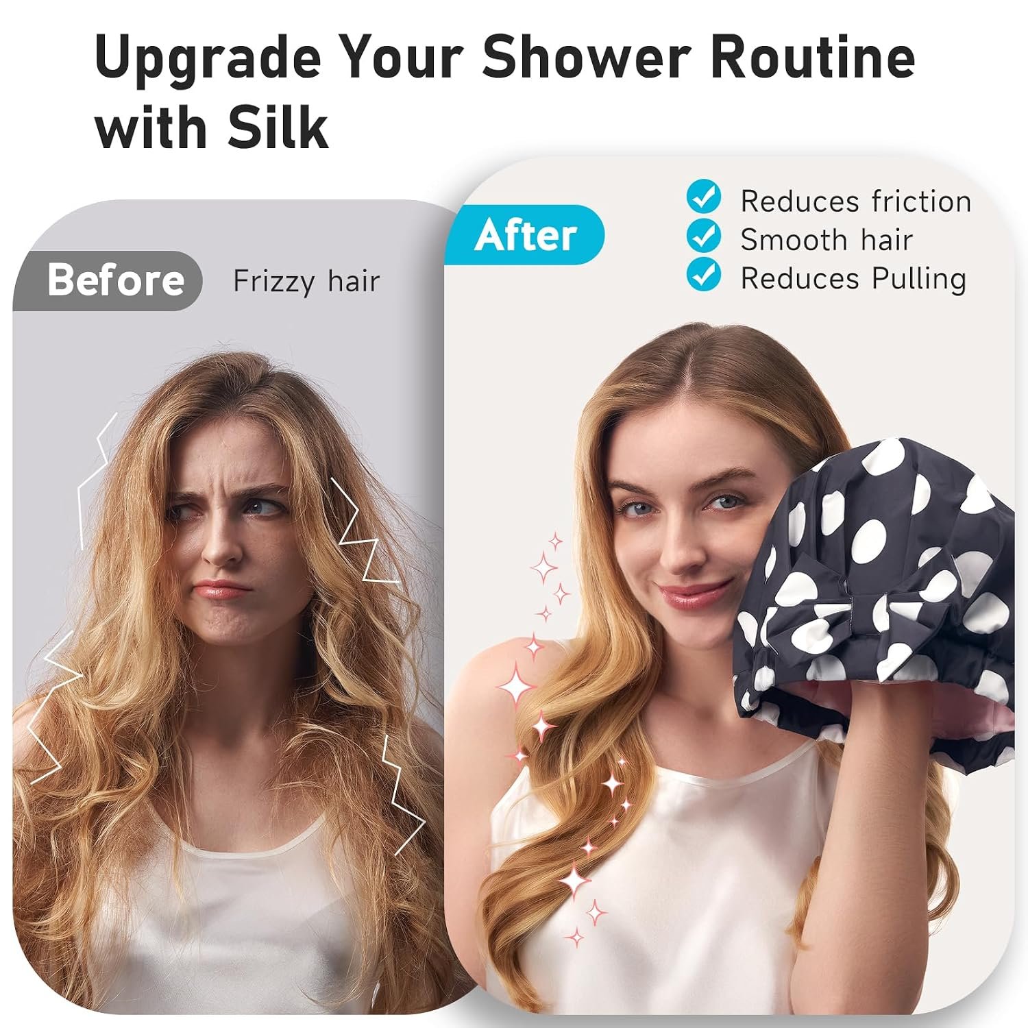 LitBear Luxury Silk Lined Shower Caps for Women Reusable Waterproof | Double Layered Large Bathing Hair Cap with Adjustable Elastic Strap, Non-slip, Quick-dry, for Long Short Hair, Black Dots - Image 3