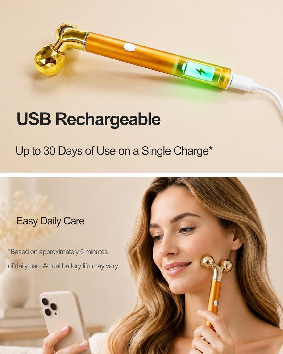Rechargeable Face Massager Roller, Golden Vibrating T Bar Facial Massager & 3D Face Roller for Lymphatic Drainage, Face Depuffer for Jawline, Puffy Face & Skincare Routine - Image 5