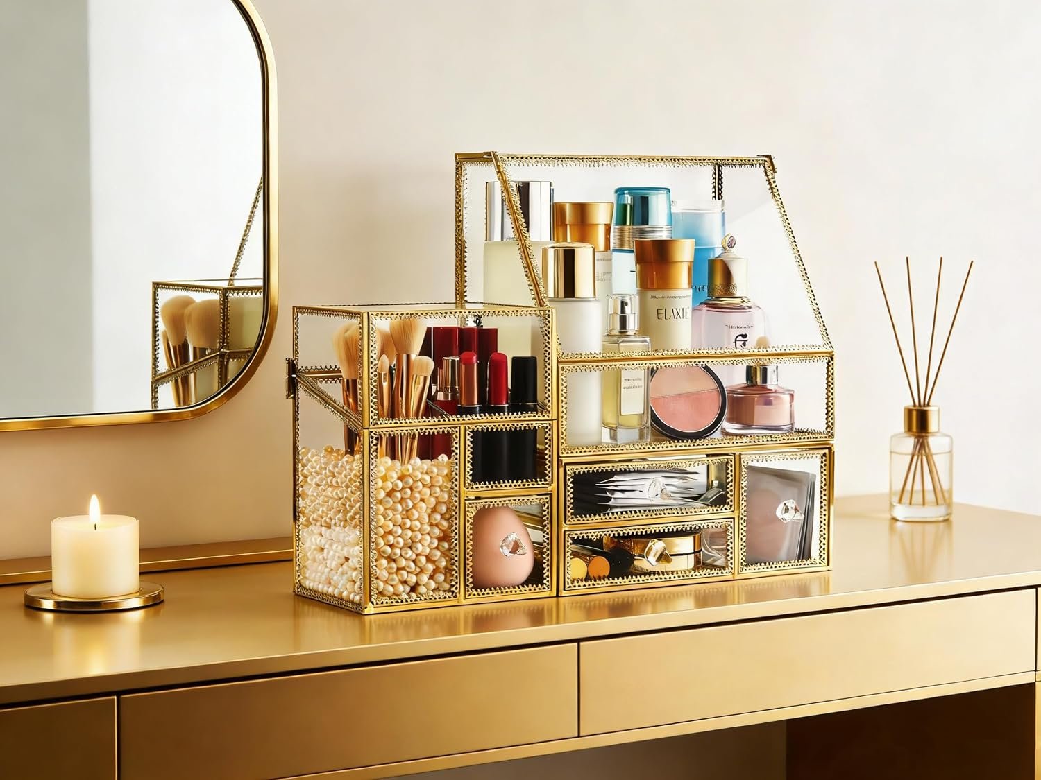 Tempered Glass Makeup Organizer with Gold Heart Shaped Metal Frame, Large Cosmetic Storage Drawer Cabinet, Dustproof Vanity Display Case for Lipstick Makeup Brush Skincare - Image 4