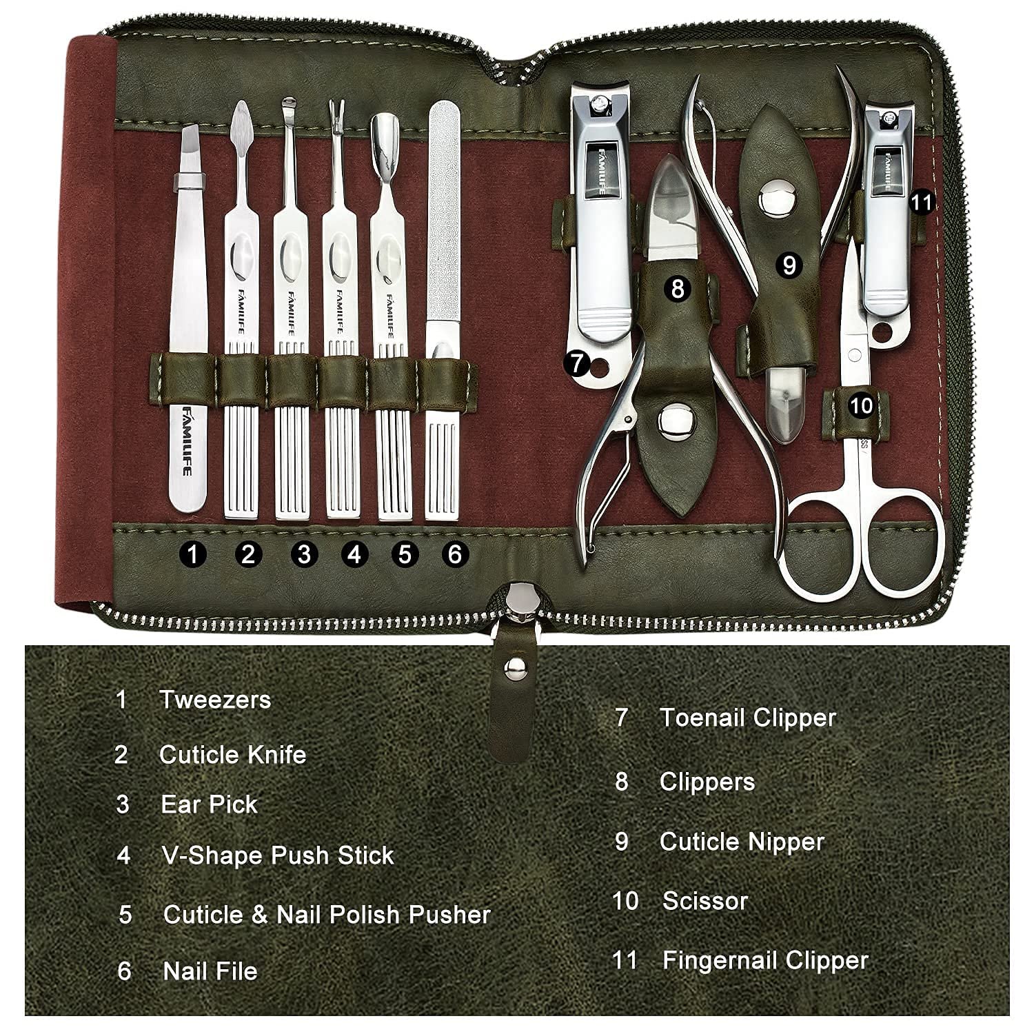 FAMILIFE Stainless Steel Manicure Set 11-in-1 Professional Nail Clipper Kit | Portable Leather Travel Case, Pedicure & Grooming Tools for Fingernails & Toenails, Luxury Gifts Set for Men & Women, Green - Image 5