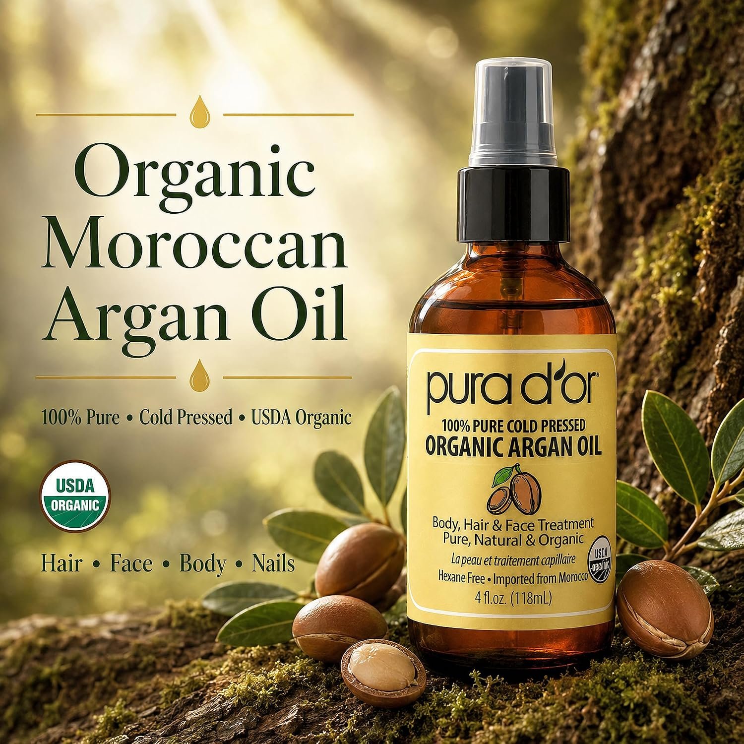 PURA D'OR ORGANIC Moroccan Argan Oil Pure Cold-Pressed Hair & Skin, 4oz | Shine, Softness, Frizz Control, USDA Certified, Scalp Care, Dry Ends, Cuticles, Body Care, Lightweight, Hexane-Free, Vegan - Image 2