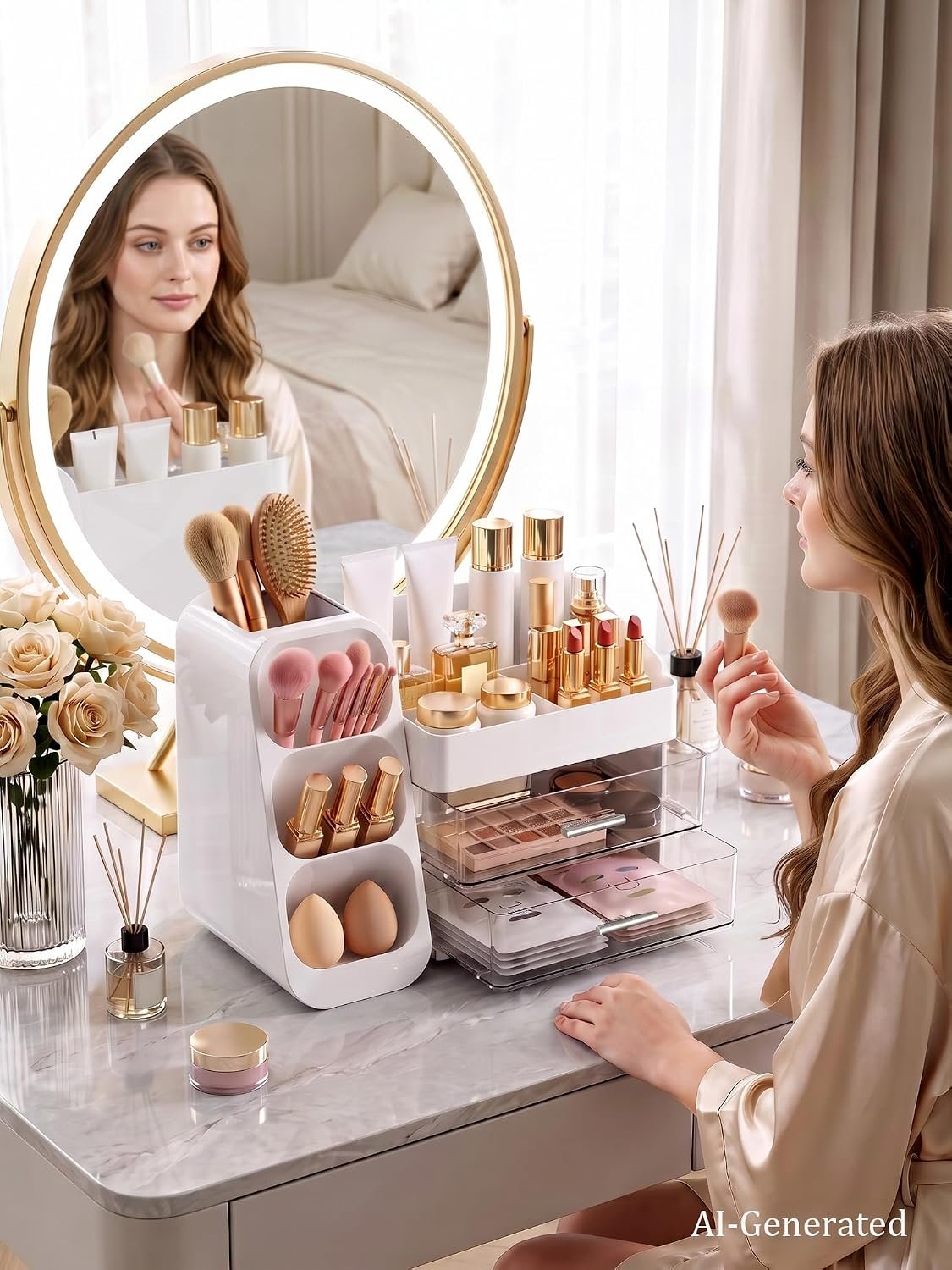 Makeup Organizer for Vanity - Large Skincare Organizers Countertop, Cosmetic Organizer with Brush Holder and 2 Drawer, Makeup Storage for Lipsticks, Nail Polishes, Eyeshadow Palettes, White - Image 8